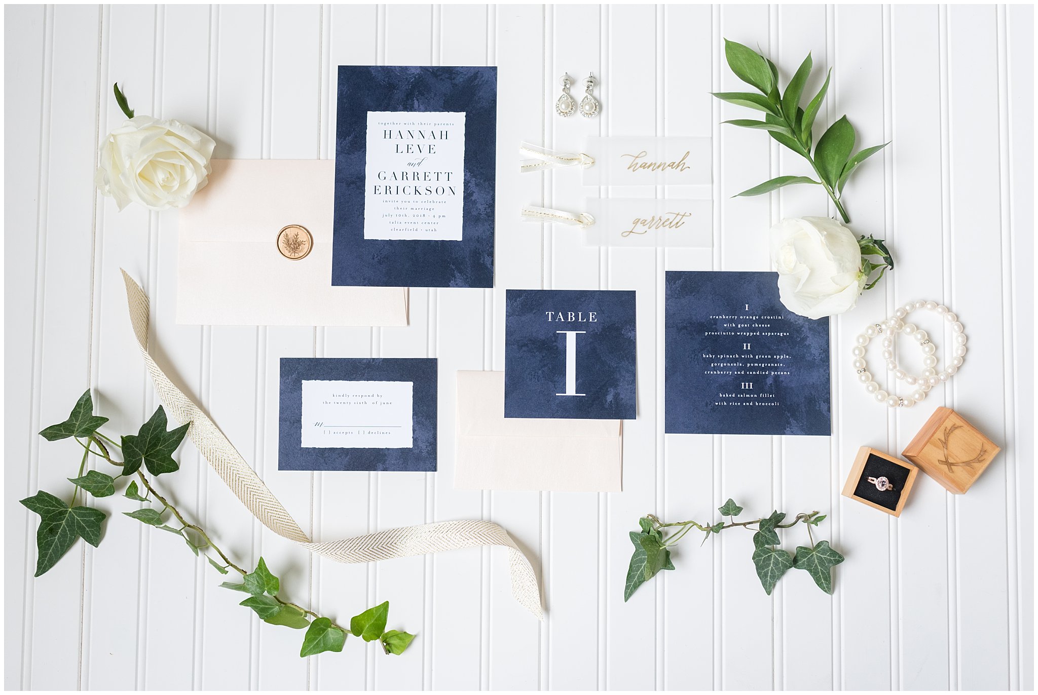 Navy, white and gold invitation suite with accents and bridal jewelry | Talia Event Center