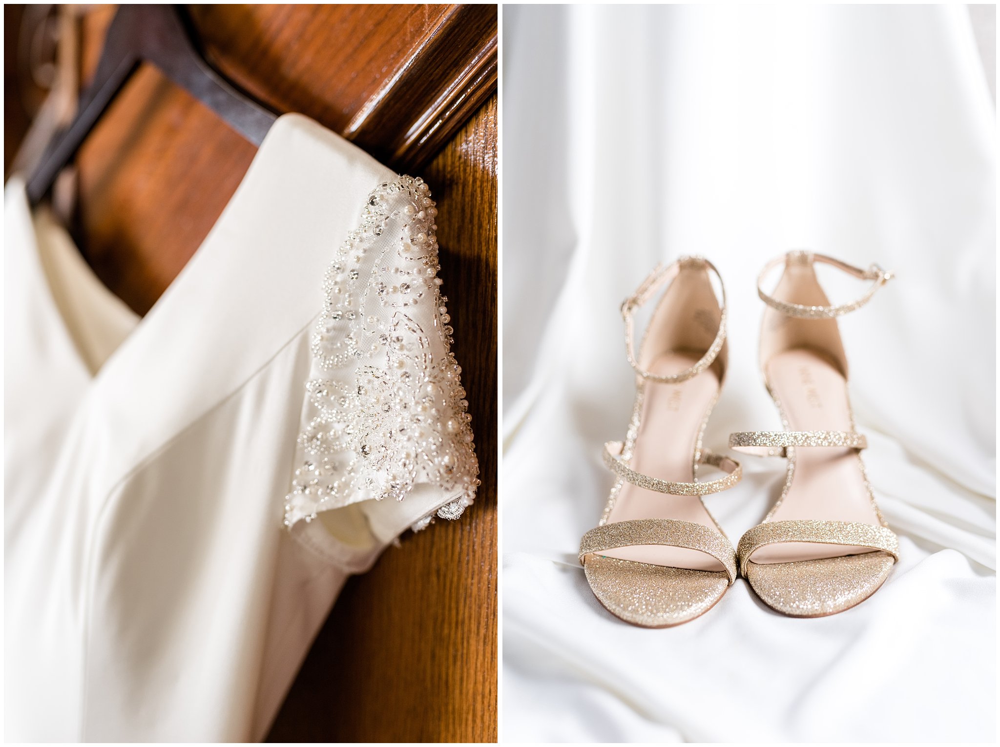 Boda Bridal wedding dress detail and open toe gold bridal shoes | Talia Event Center