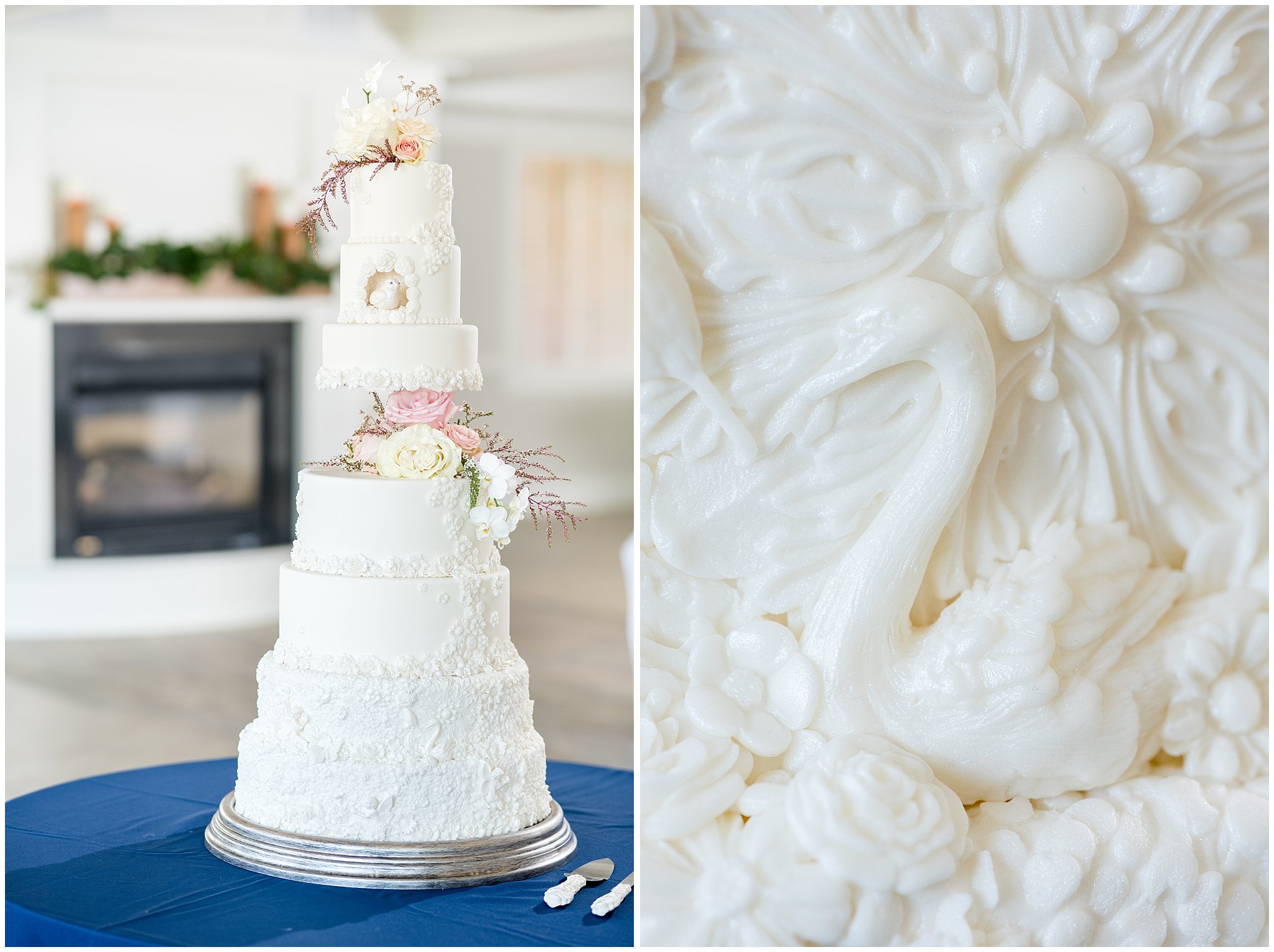 Eight tier white elegant wedding cake | gold, navy and white wedding | Detail of a swan | Talia Event Center