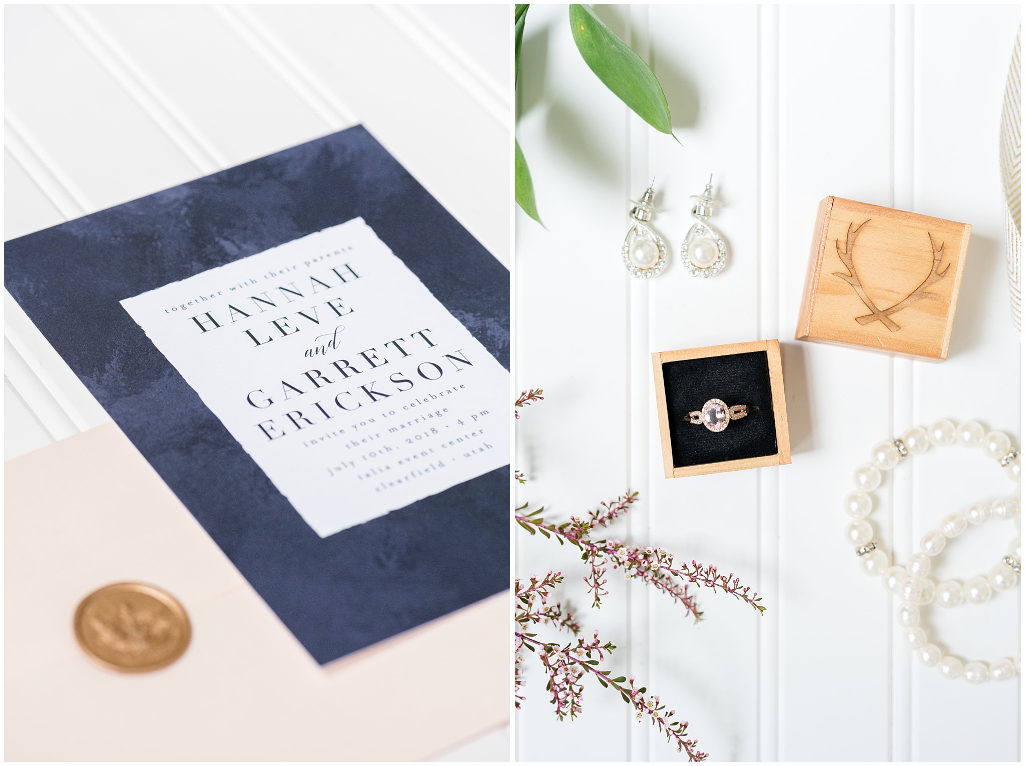Wedding details and navy and white wedding invitation suite detail shot | Talia Event Center | Jessie and Dallin