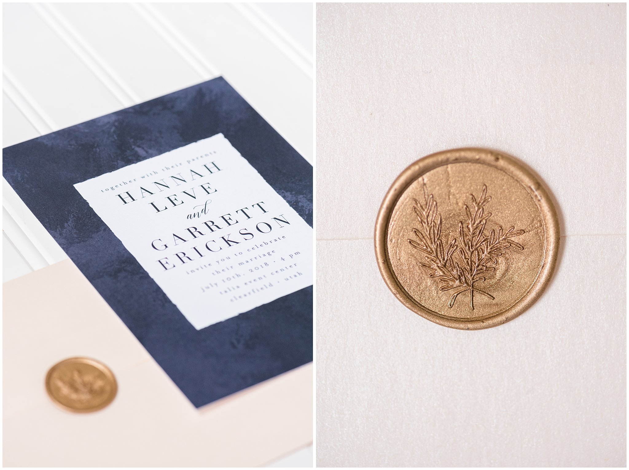 Custom navy, white, and gold elegant wedding invitation suite with close up of wax seal