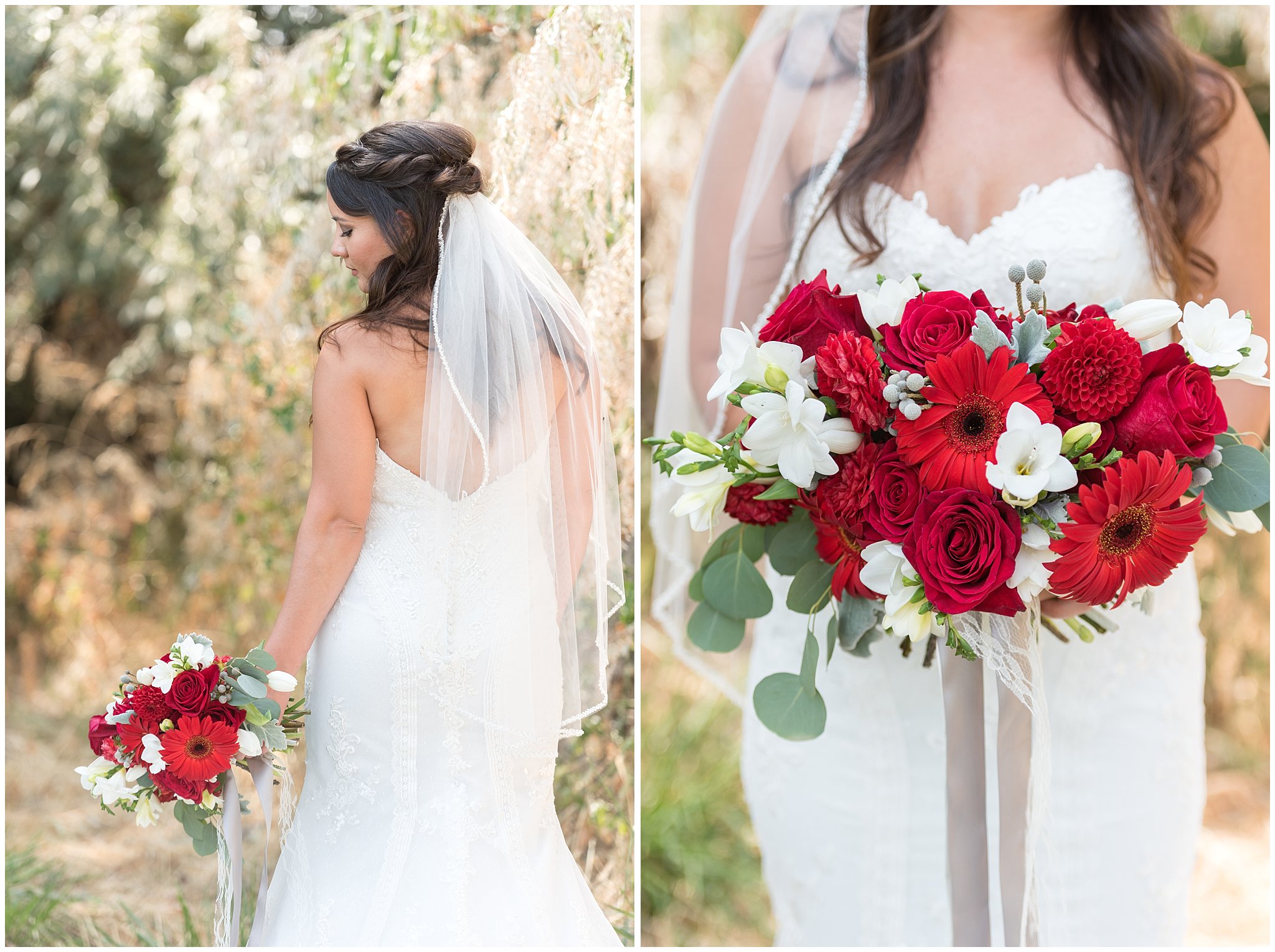 Close up detail of red and white bridal bouquet, and back of wedding dress | Davis County Outdoor Wedding | Jessie and Dallin Photography