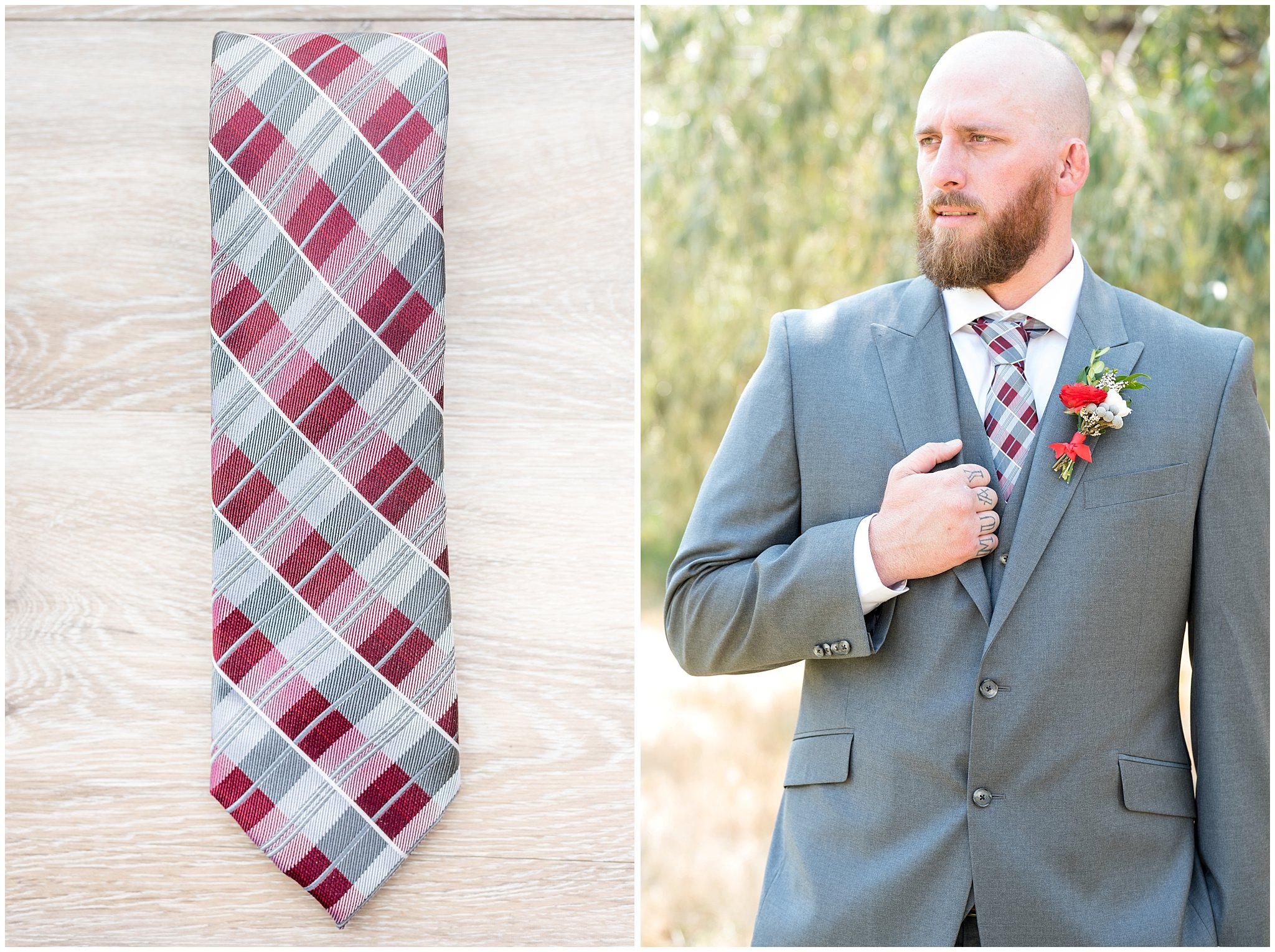 Groom portrait and red and grey tie detail shot | Davis County Outdoor Wedding | Jessie and Dallin Photography