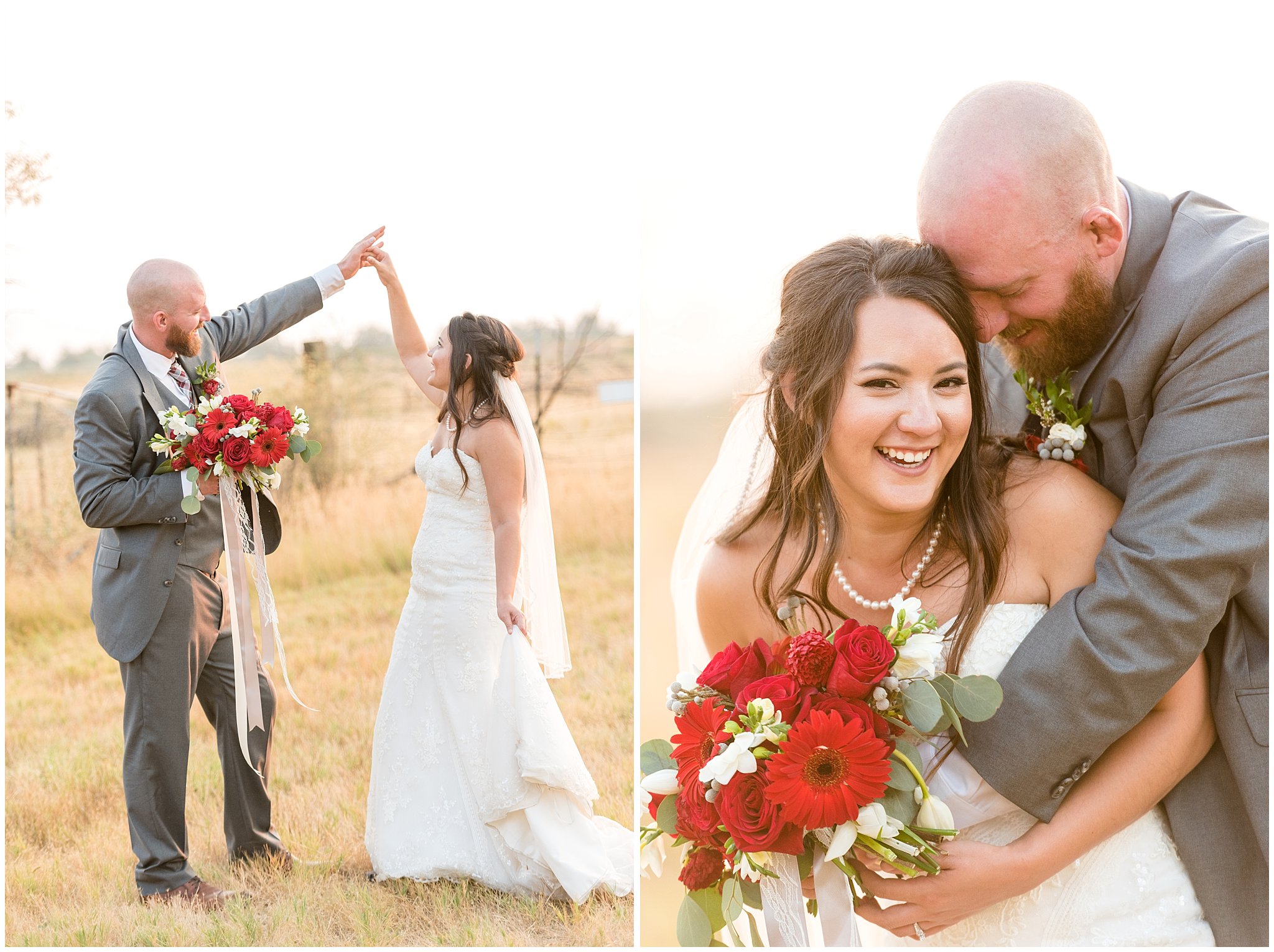 Bride and groom dancing and laughing during sunset portraits | Red and Grey wedding | Davis County Outdoor Wedding | Jessie and Dallin Photography