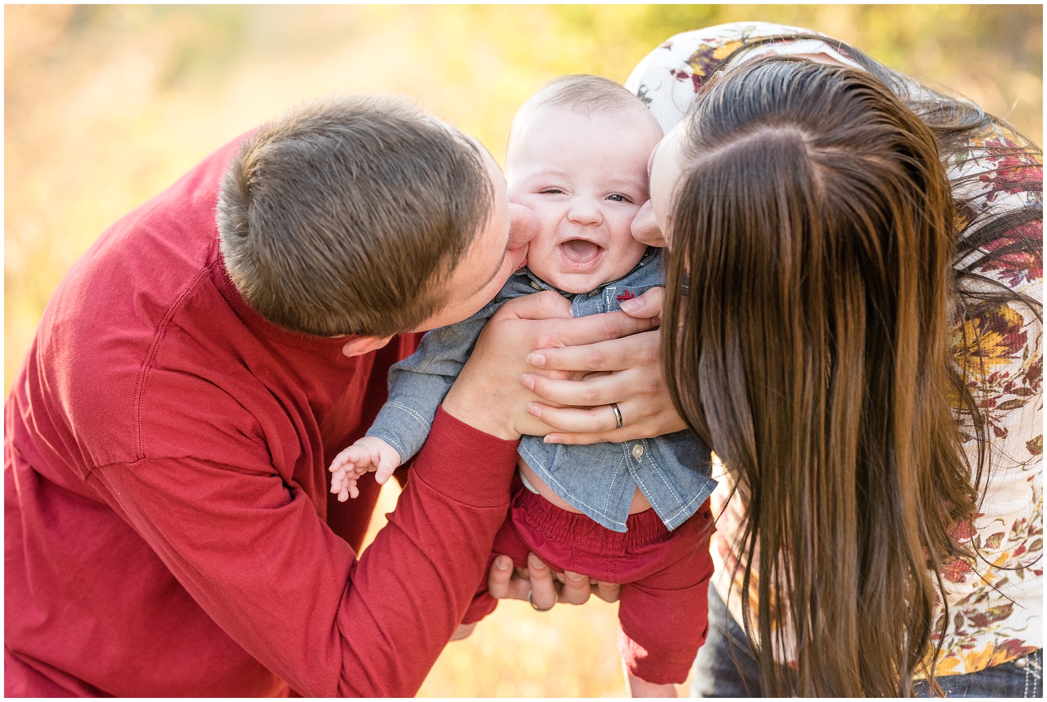 Mom and Dad kiss babies cheeks | Fall Family Pictures at Snowbasin | Jessie and Dallin Photography