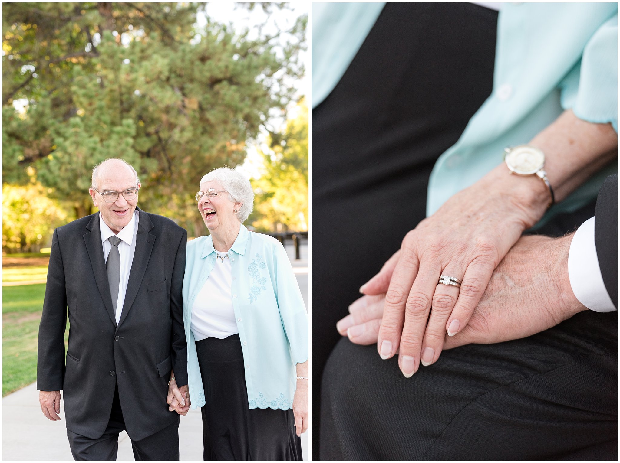 Grandparents laughing during photoshoot and picture holding hands | Layton Commons Park | Layton Couples Photographer | Jessie and Dallin