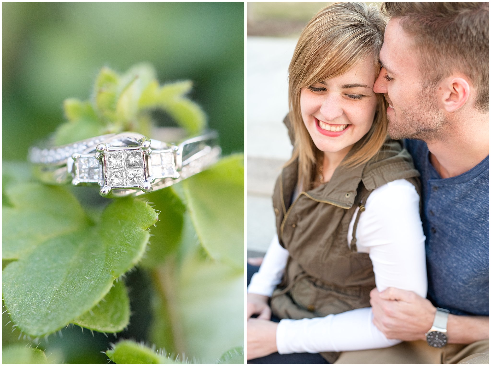 Couple cuddling during fall city session and engagement ring on green plant | Here’s 3 Reasons Why You Need an Engagement Session | Utah Wedding Photographers | Jessie and Dallin Photography