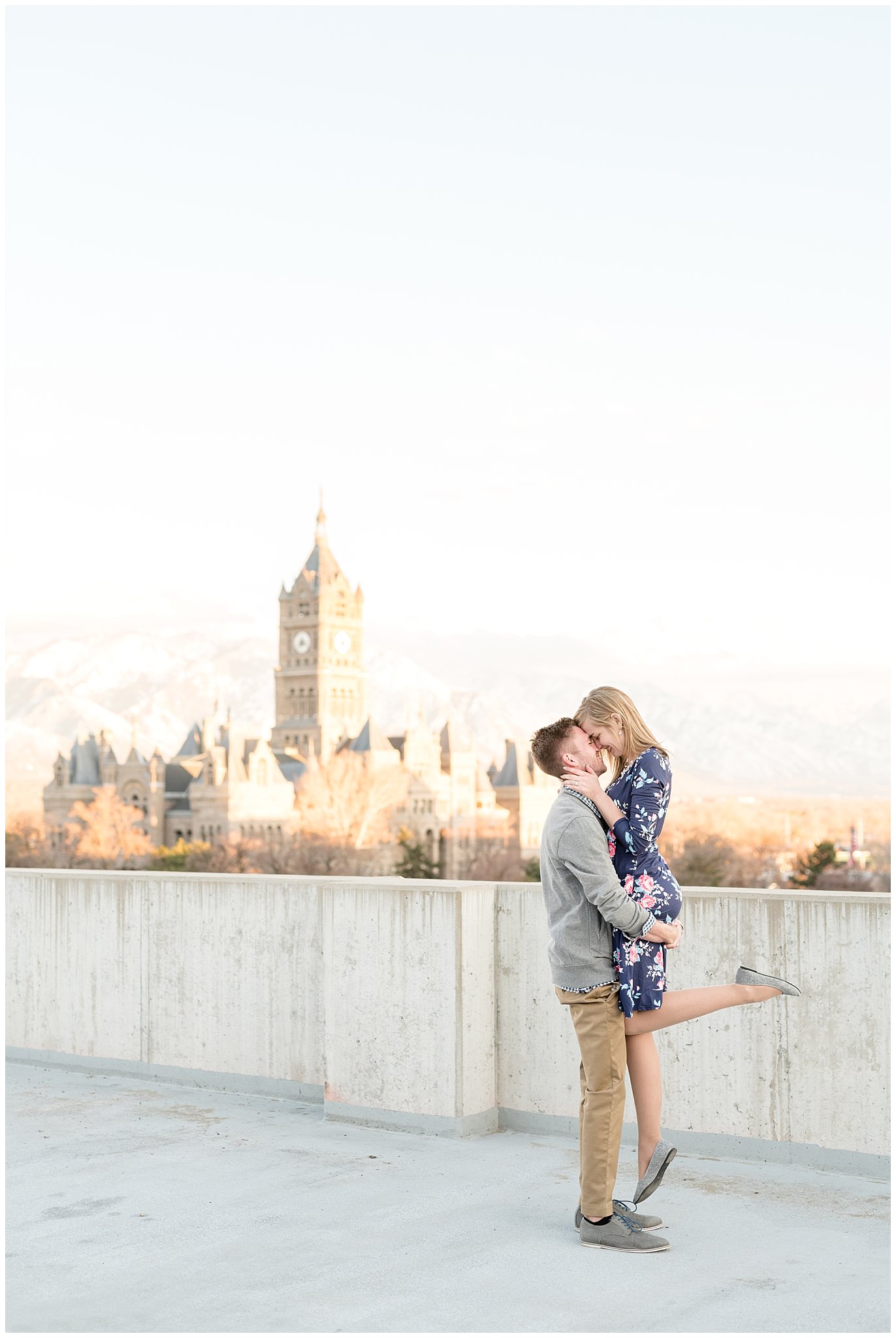 Romantic lift on rooftop overlooking Salt Lake City | Here’s 3 Reasons Why You Need an Engagement Session | Utah Wedding Photographers | Jessie and Dallin Photography