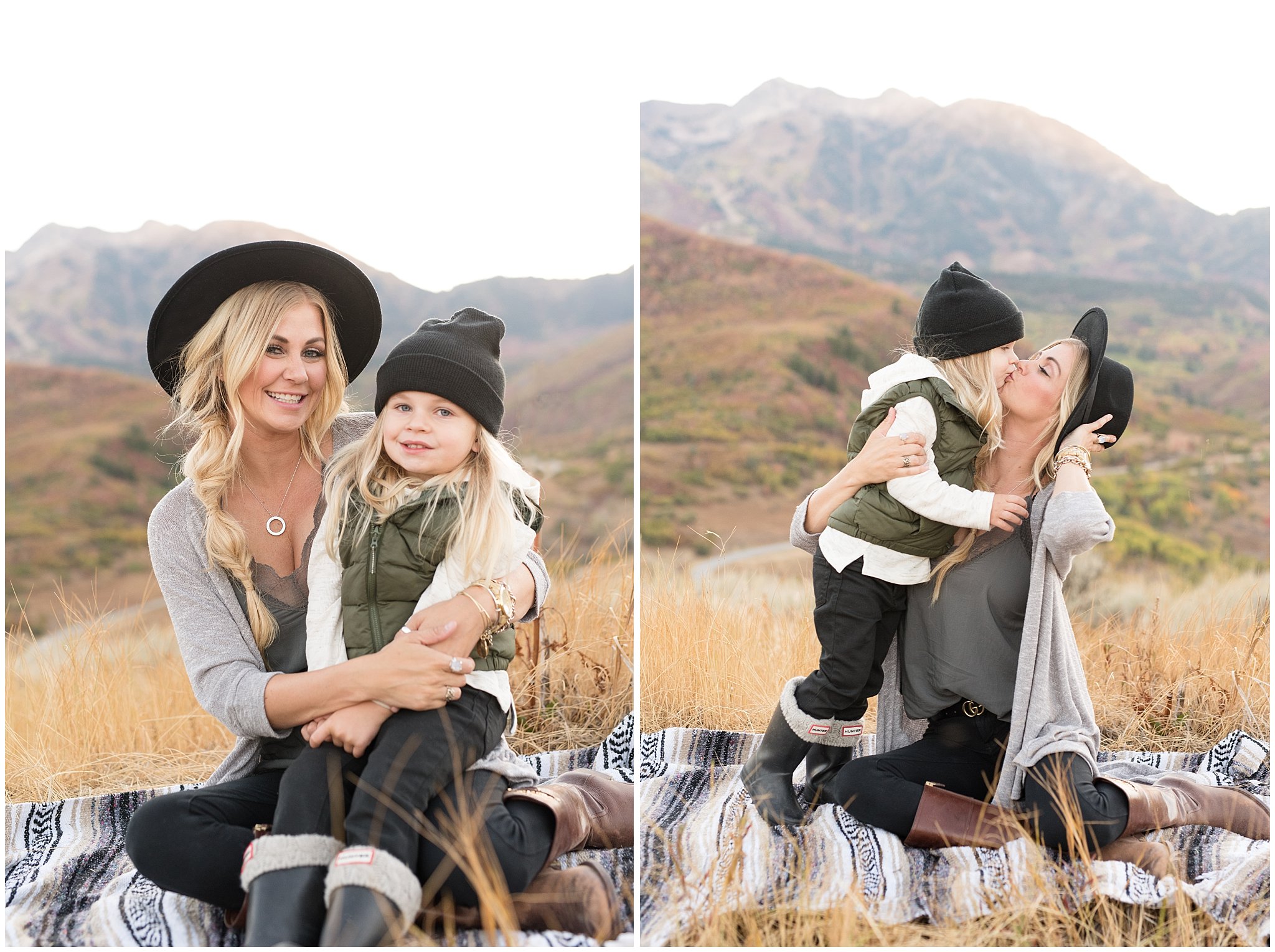 Mother and son kiss and smile at the camera during fall family pictures | Fall Family Pictures in the Mountains | Snowbasin, Utah | Jessie and Dallin