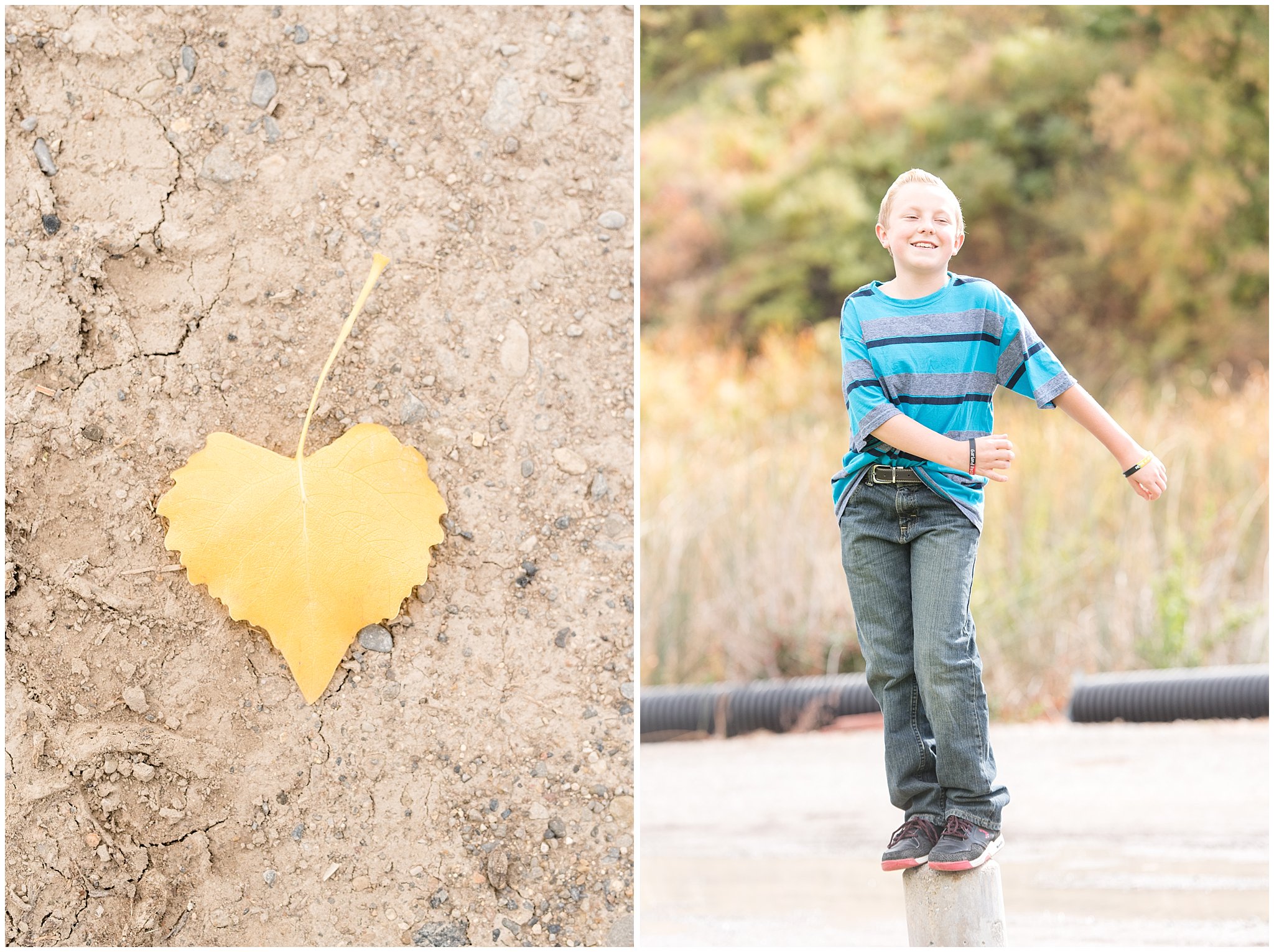 Heart leaf and kid flossing on a post | Tremonton Family Pictures and Make a Wish Event | Jessie and Dallin Photography