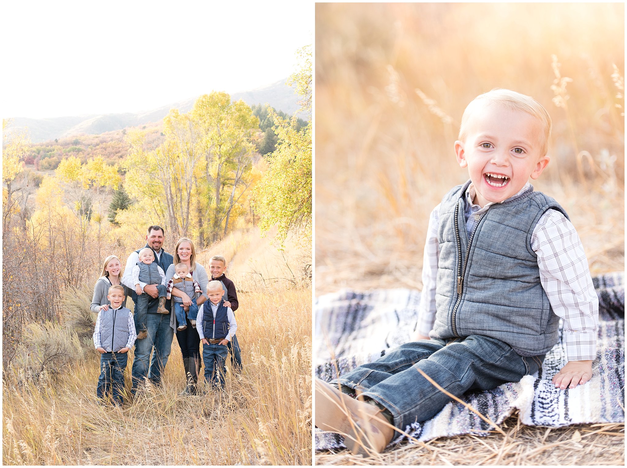 Two year old boy laughing and family of 8 portrait | Fall family photo session at Snowbasin | Snowbasin Resort | Jessie and Dallin Photography