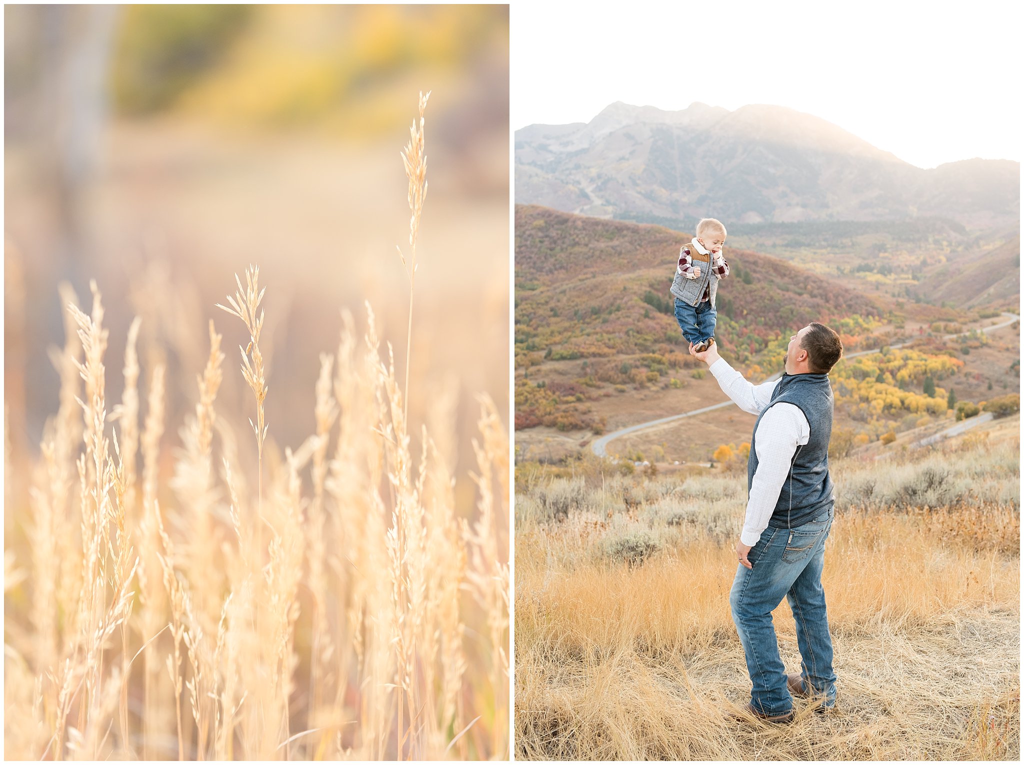 Dad holding infant in the air in the mountains | Fall family photo session at Snowbasin | Snowbasin Resort | Jessie and Dallin Photography