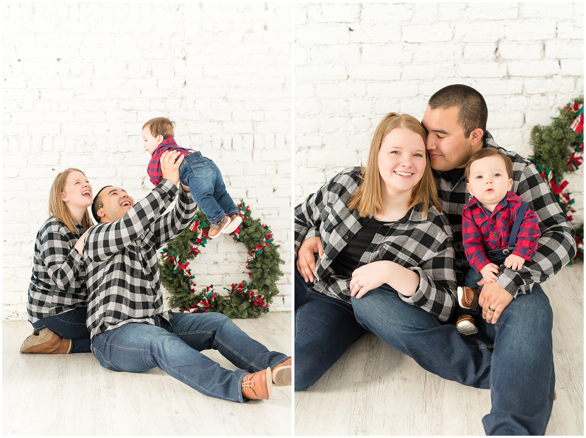 Parents holding baby boy in the air | Family Christmas session at the 5th floor | Utah Photographers | Jessie and Dallin Photography