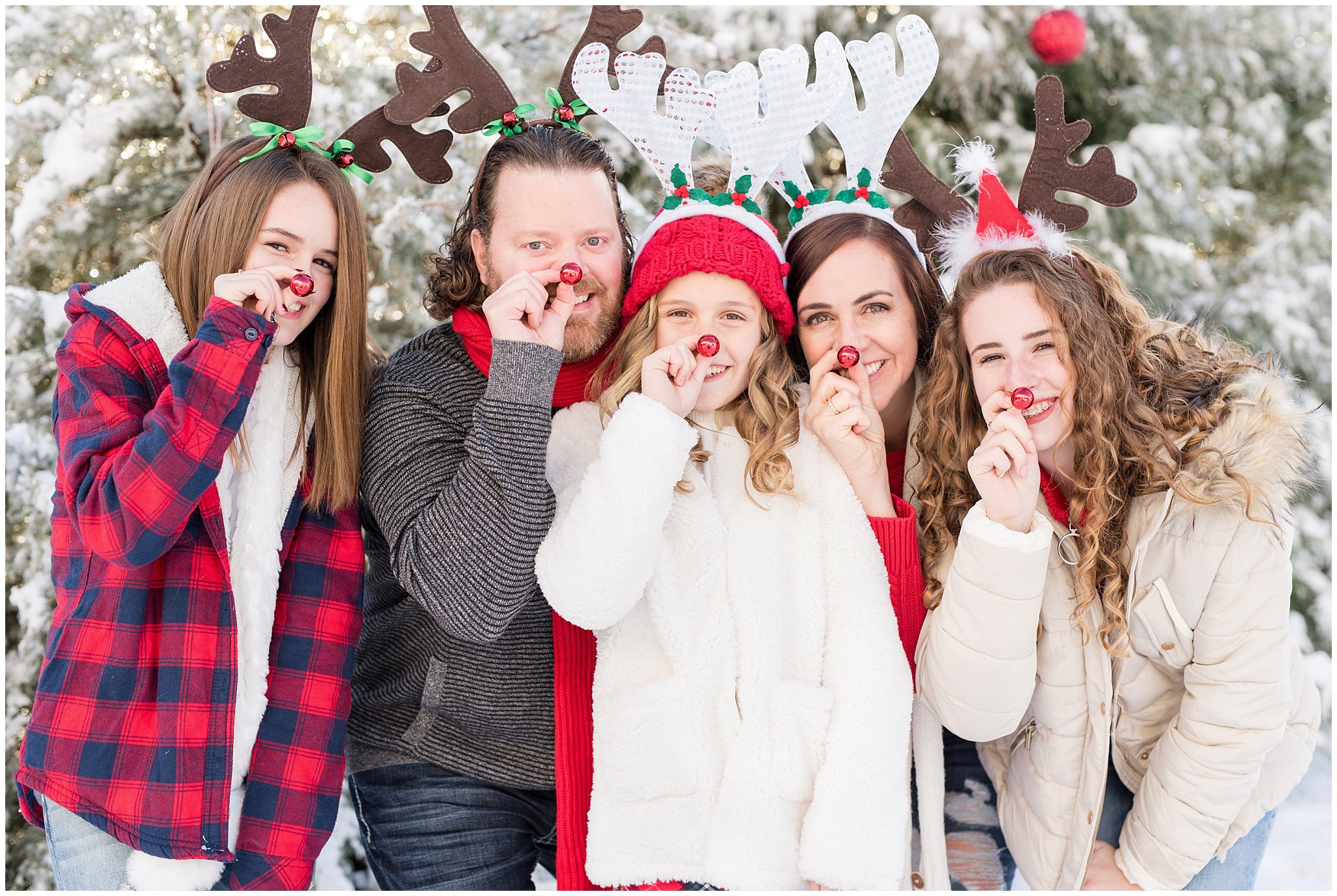 Family wearing rudolph noses and antlers | Utah Family Christmas Photoshoot | Oak Hills Reception and Event | Jessie and Dallin Photography