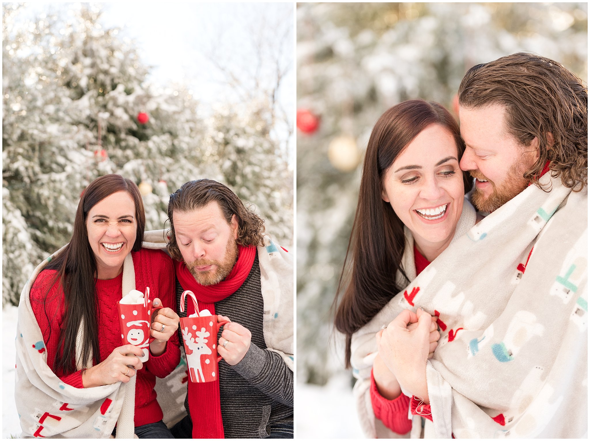 Couple being funny and cuddling up with a blanket in the snow | Utah Family Christmas Photoshoot | Oak Hills Reception and Event | Jessie and Dallin Photography