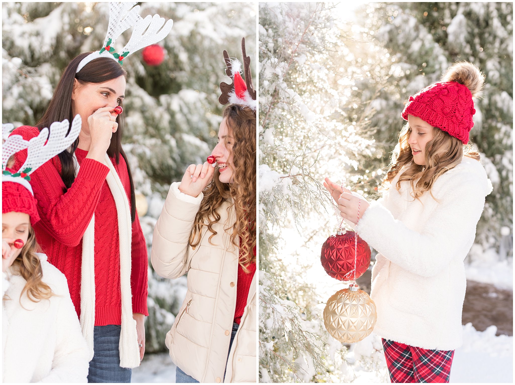 Family hanging up Christmas ornaments and wearing rudolph noses | Utah Family Christmas Photoshoot | Oak Hills Reception and Event | Jessie and Dallin Photography
