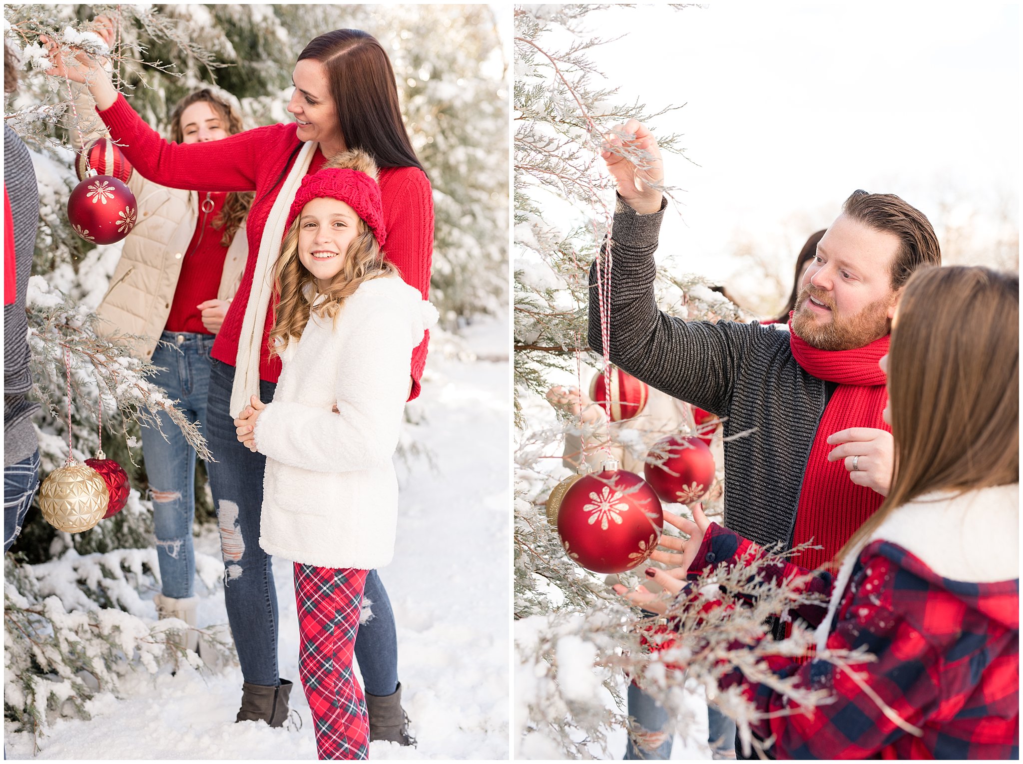 Family hanging Christmas ornaments on snowy christmas trees | Utah Family Christmas Photoshoot | Oak Hills Reception and Event | Jessie and Dallin Photography
