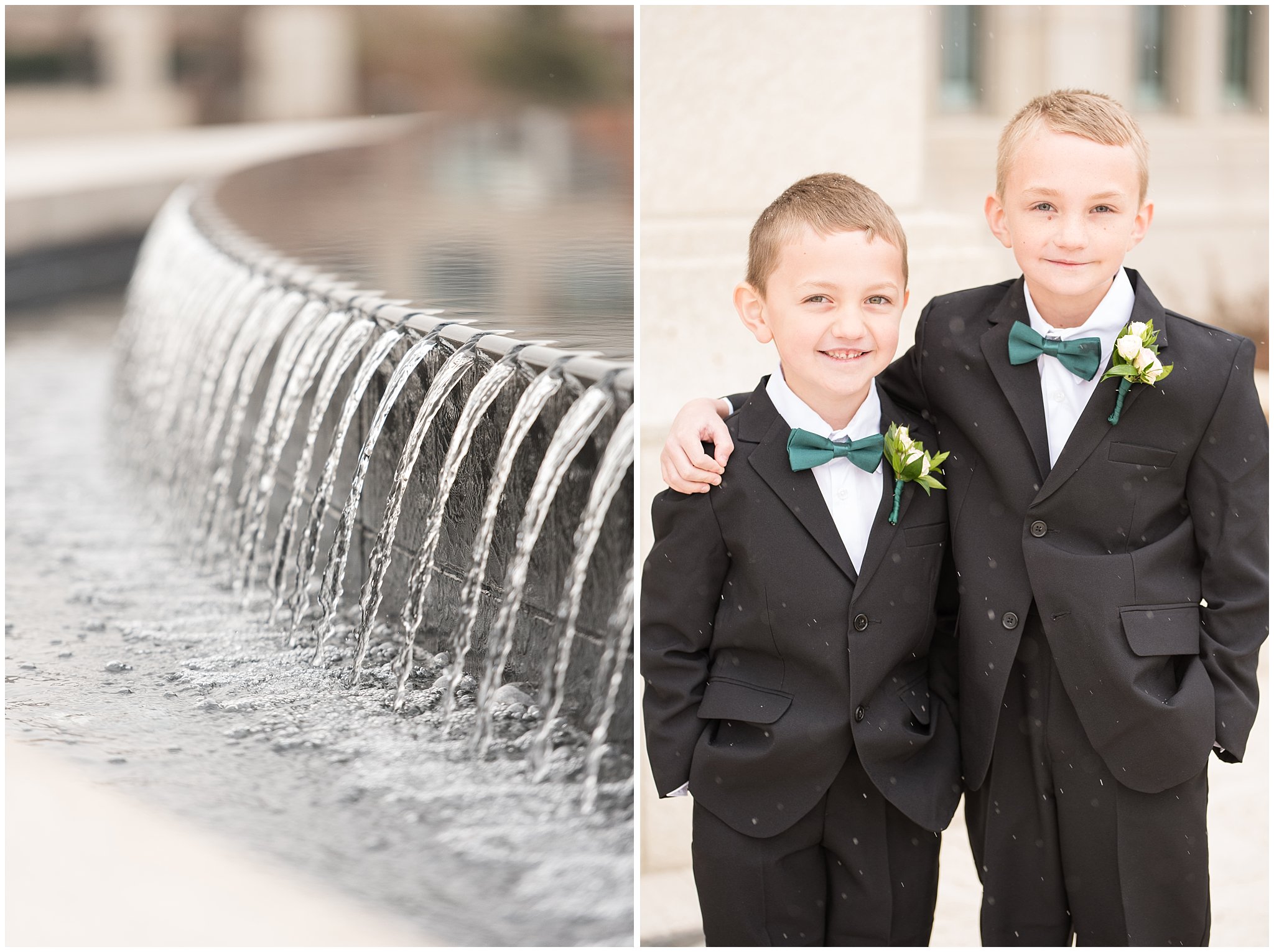 Ring bearers with green bowties and temple fountain | Ogden Temple Winter Wedding | Emerald Green and Pink Wedding | Jessie and Dallin Photography