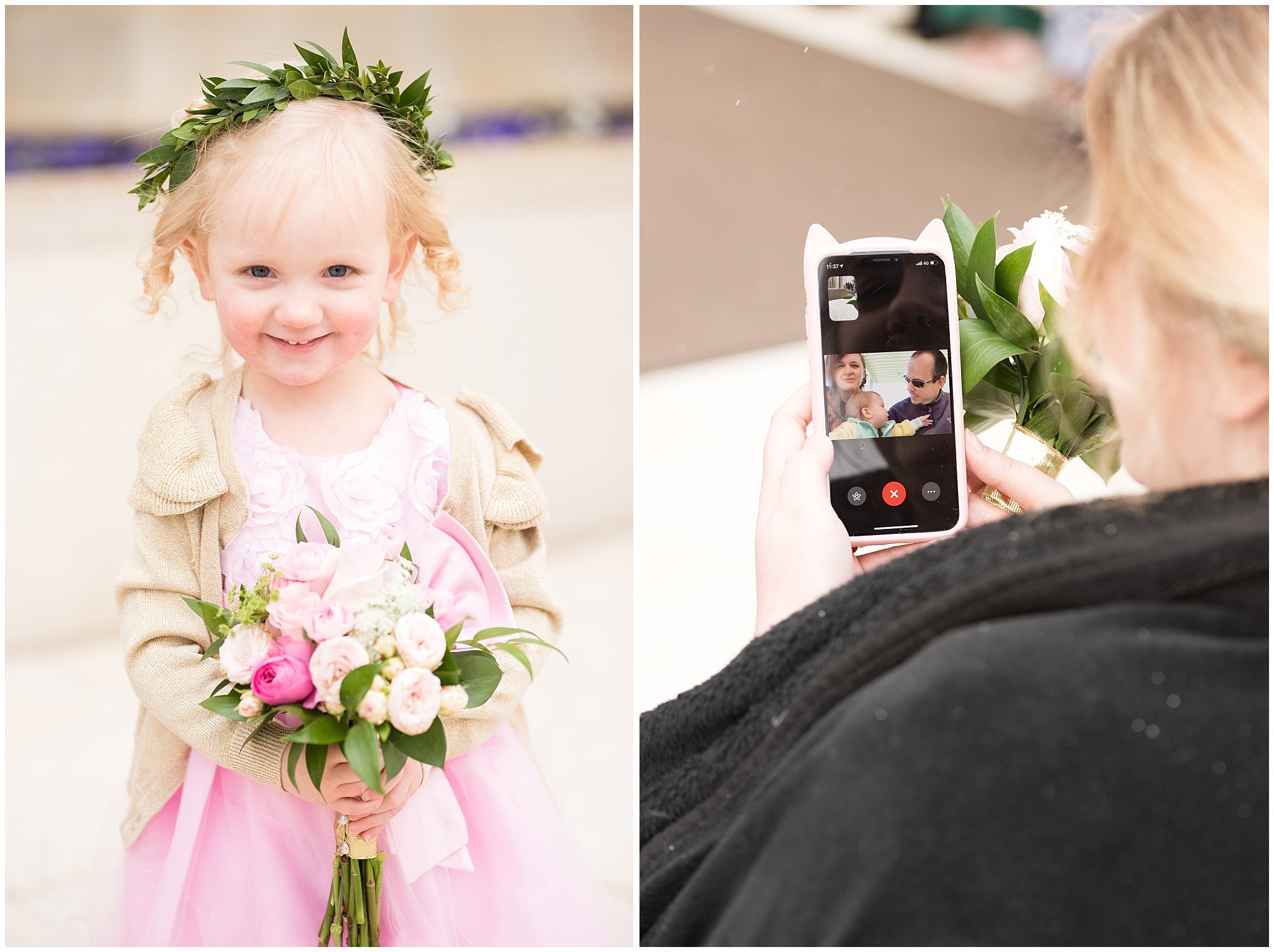 Flower girl with bouquet, pink dress, and flower crown | Ogden Temple Winter Wedding | Emerald Green and Pink Wedding | Jessie and Dallin Photography