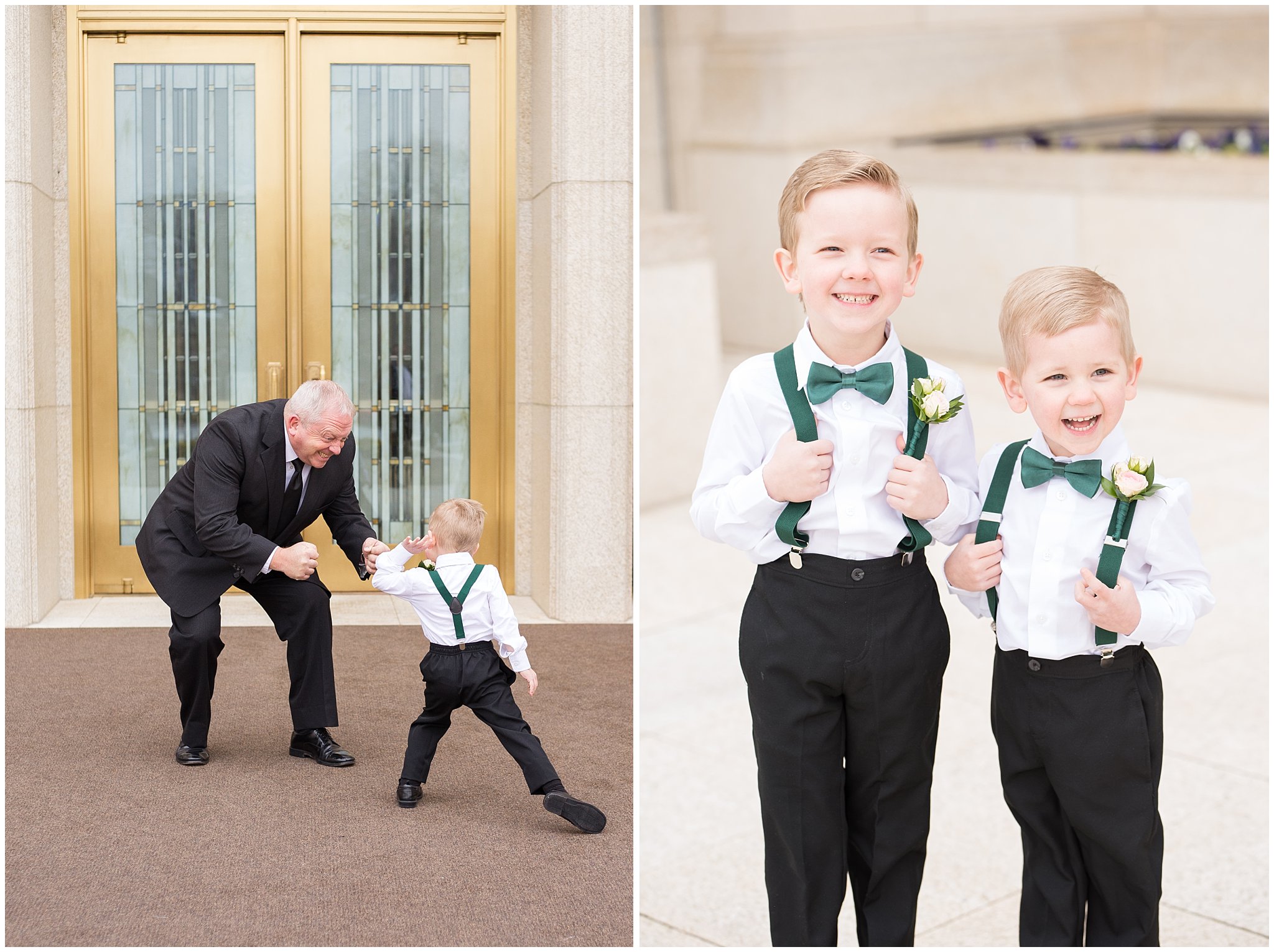 Candid moments at the temple and two ring bearers laughing | Ogden Temple Winter Wedding | Emerald Green and Pink Wedding | Jessie and Dallin Photography