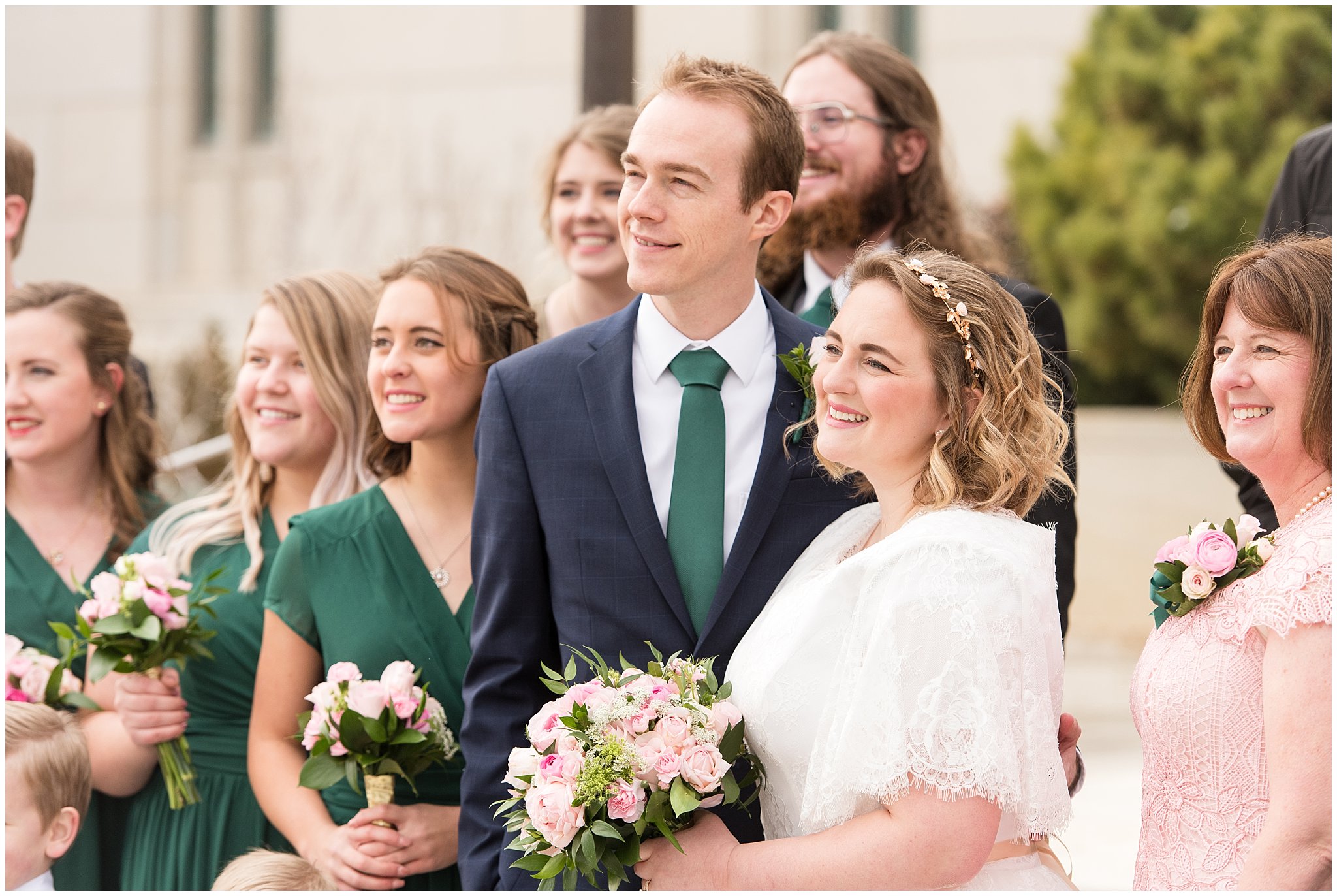 Family pictures at the temple | Ogden Temple Winter Wedding | Emerald Green and Pink Wedding | Jessie and Dallin Photography