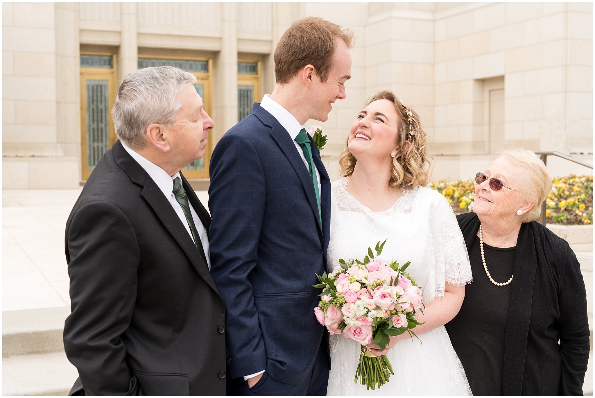 Candid bride and groom with grandparents | Ogden Temple Winter Wedding | Emerald Green and Pink Wedding | Jessie and Dallin Photography