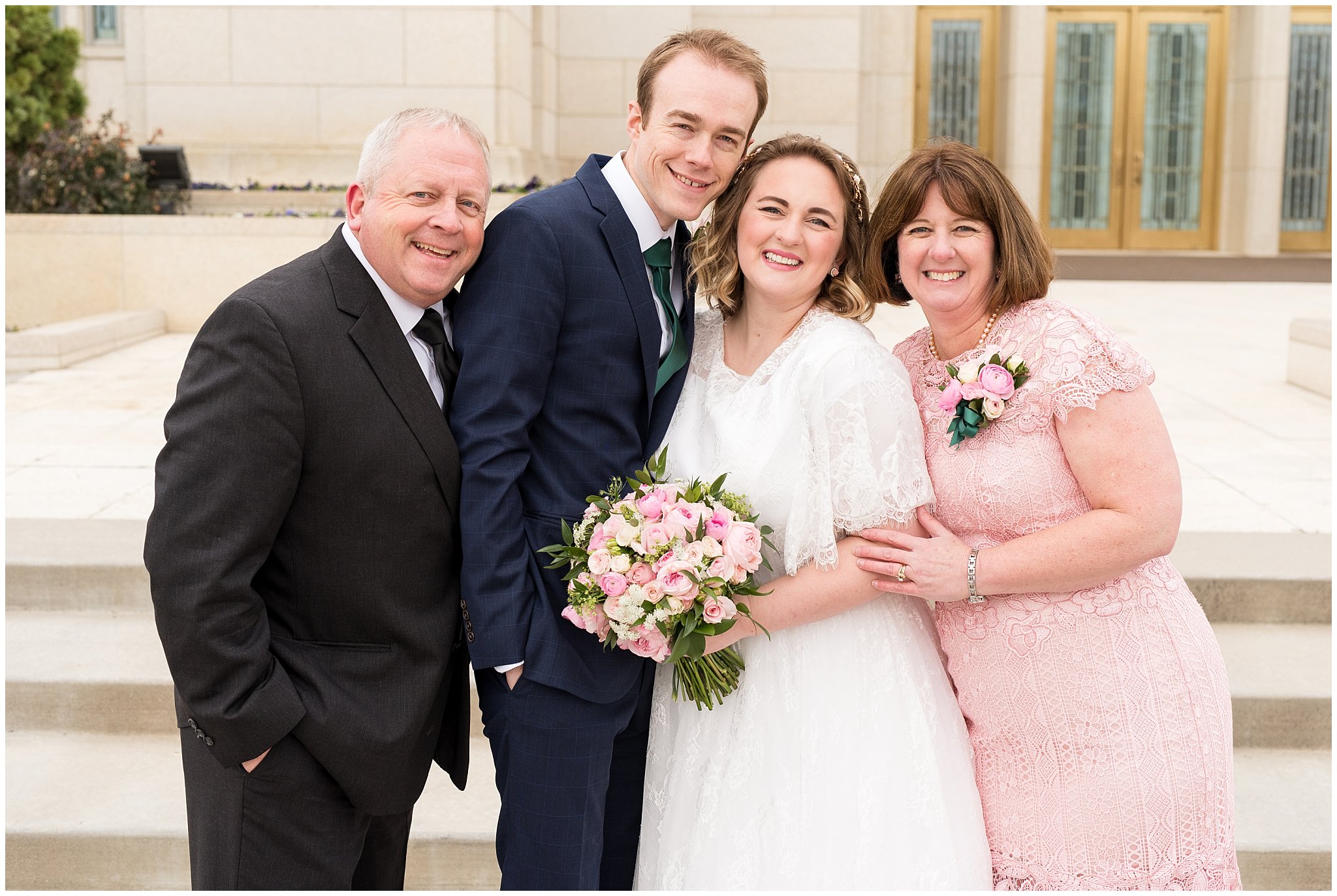 Bride and parents | Ogden Temple Winter Wedding | Emerald Green and Pink Wedding | Jessie and Dallin Photography
