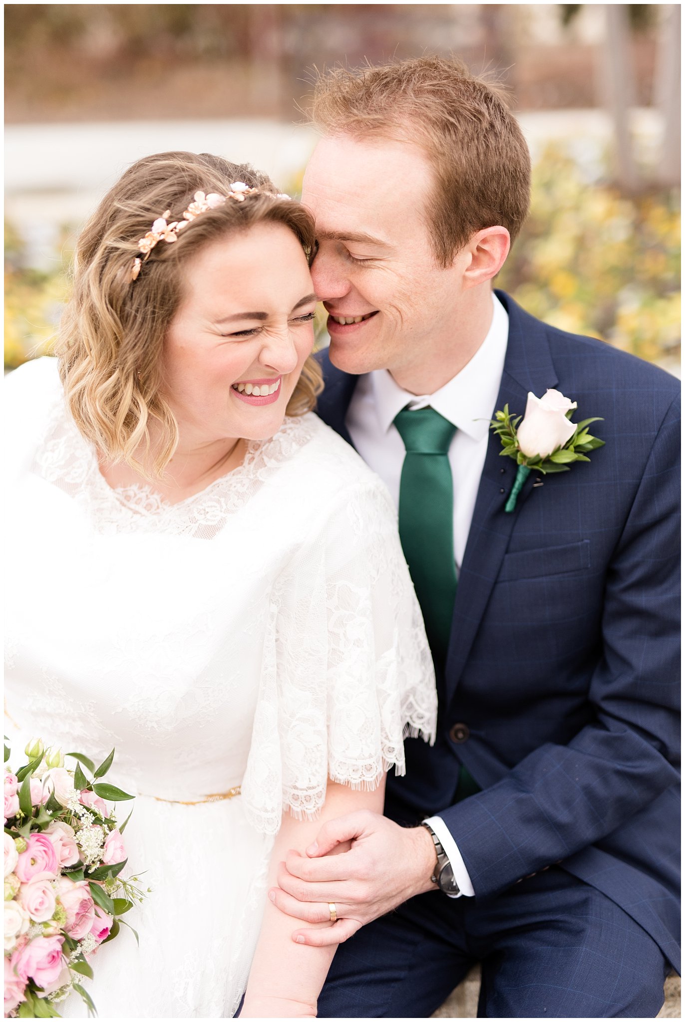 Bride and groom laughing at temple | Ogden Temple Winter Wedding | Emerald Green and Pink Wedding | Jessie and Dallin Photography