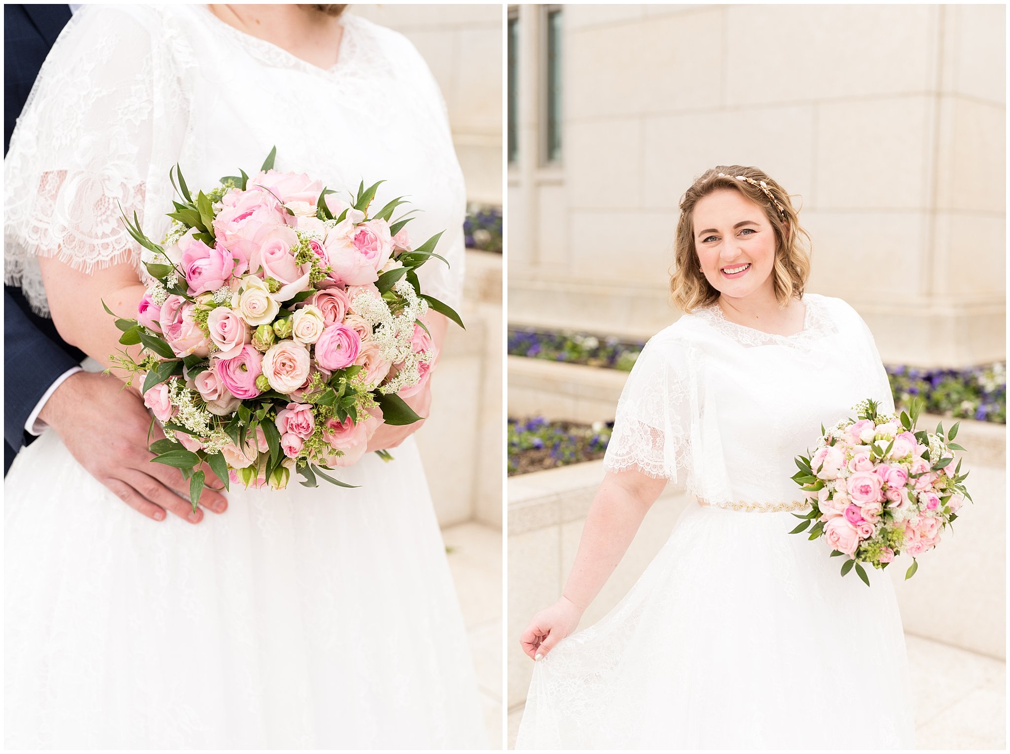 Bride portrait and detail shot of green and pink bouquet | Ogden Temple Winter Wedding | Emerald Green and Pink Wedding | Jessie and Dallin Photography