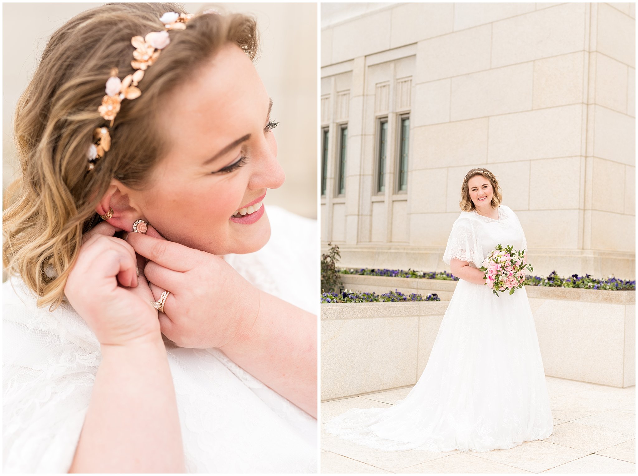 Bride portrait and putting on earrings | Ogden Temple Winter Wedding | Emerald Green and Pink Wedding | Jessie and Dallin Photography
