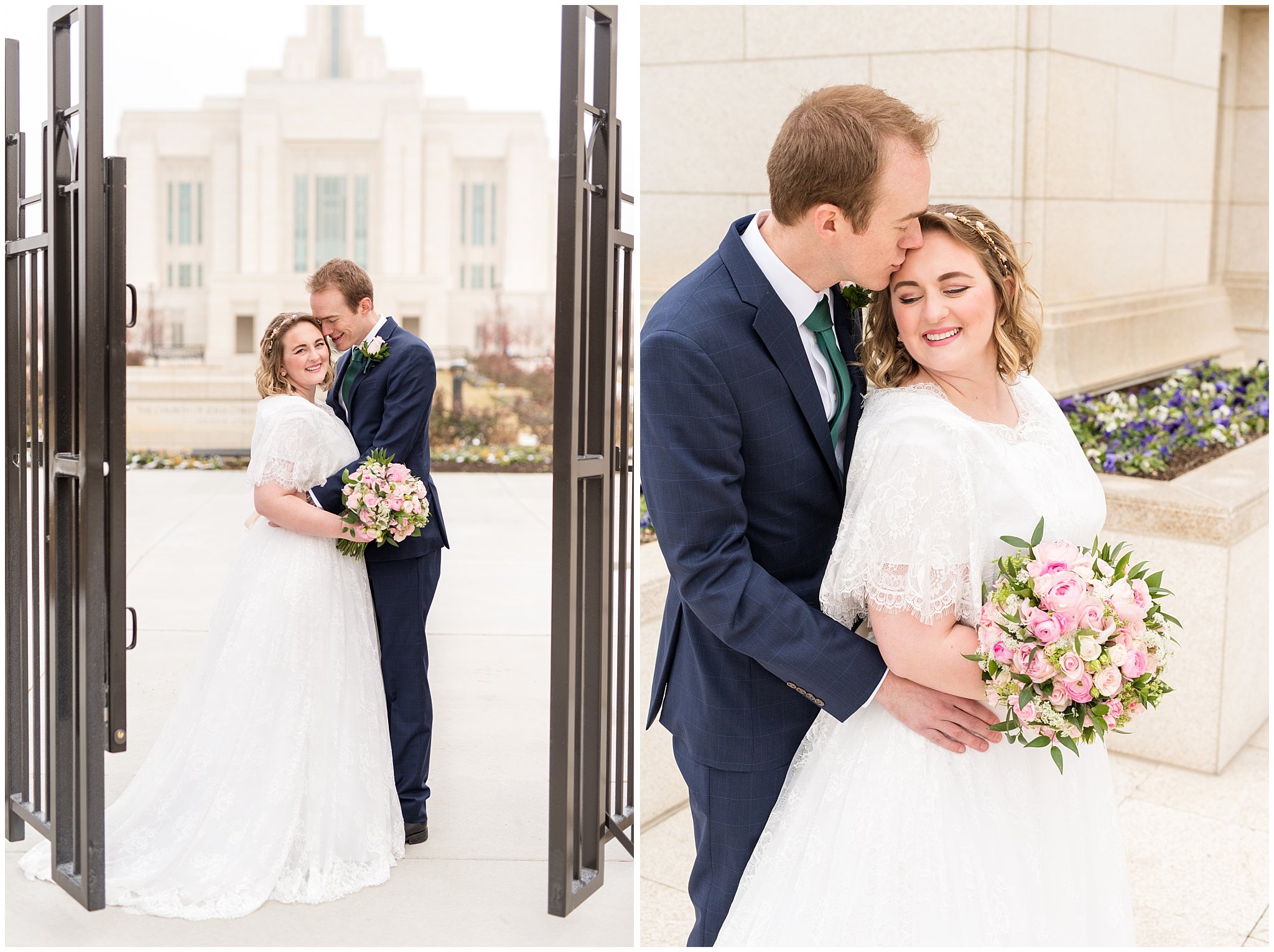 Bride and groom at the temple gate | Ogden Temple Winter Wedding | Emerald Green and Pink Wedding | Jessie and Dallin Photography