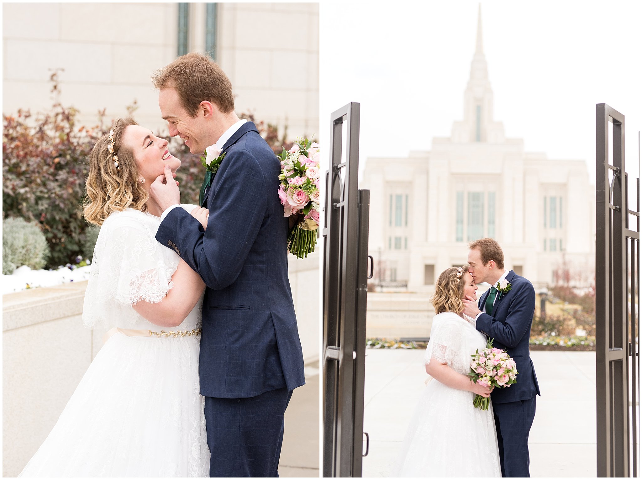 Bride and groom at temple gates | Ogden Temple Winter Wedding | Emerald Green and Pink Wedding | Jessie and Dallin Photography