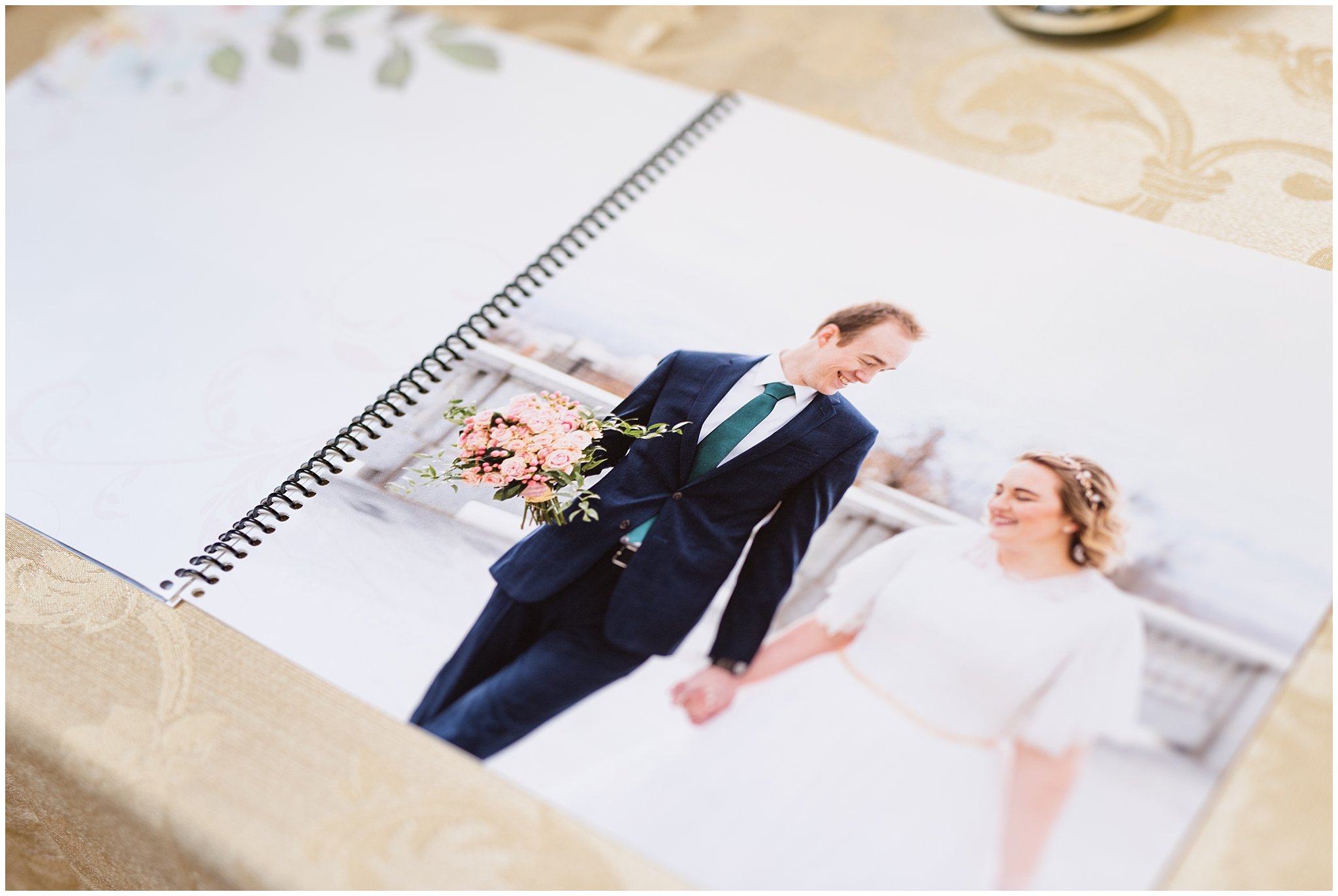 Wedding guest book with bridal images | Ogden Temple Winter Wedding | Emerald Green and Pink Wedding | Jessie and Dallin Photography
