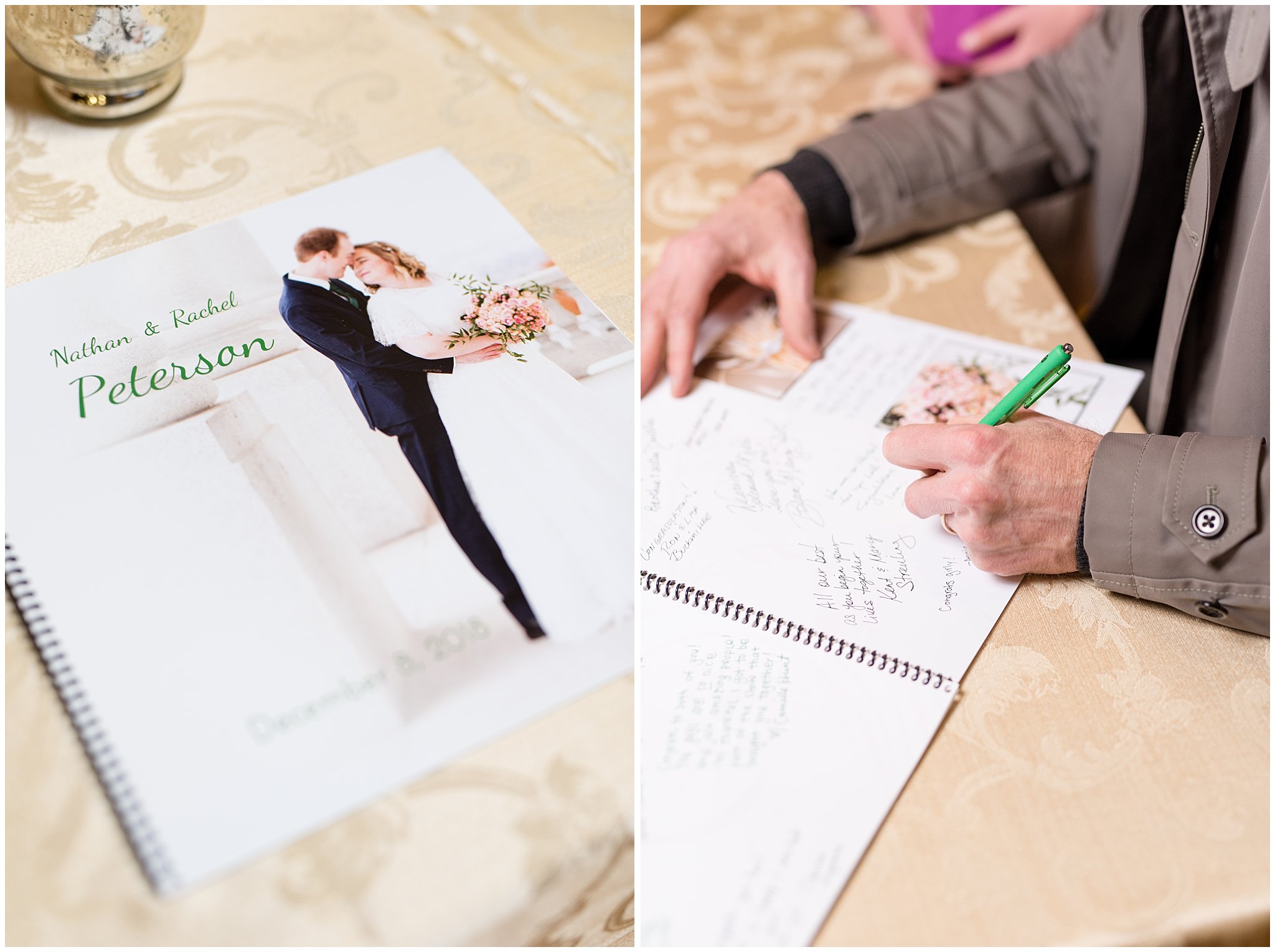 Signing the wedding guest book | Ogden Temple Winter Wedding | Emerald Green and Pink Wedding | Jessie and Dallin Photography
