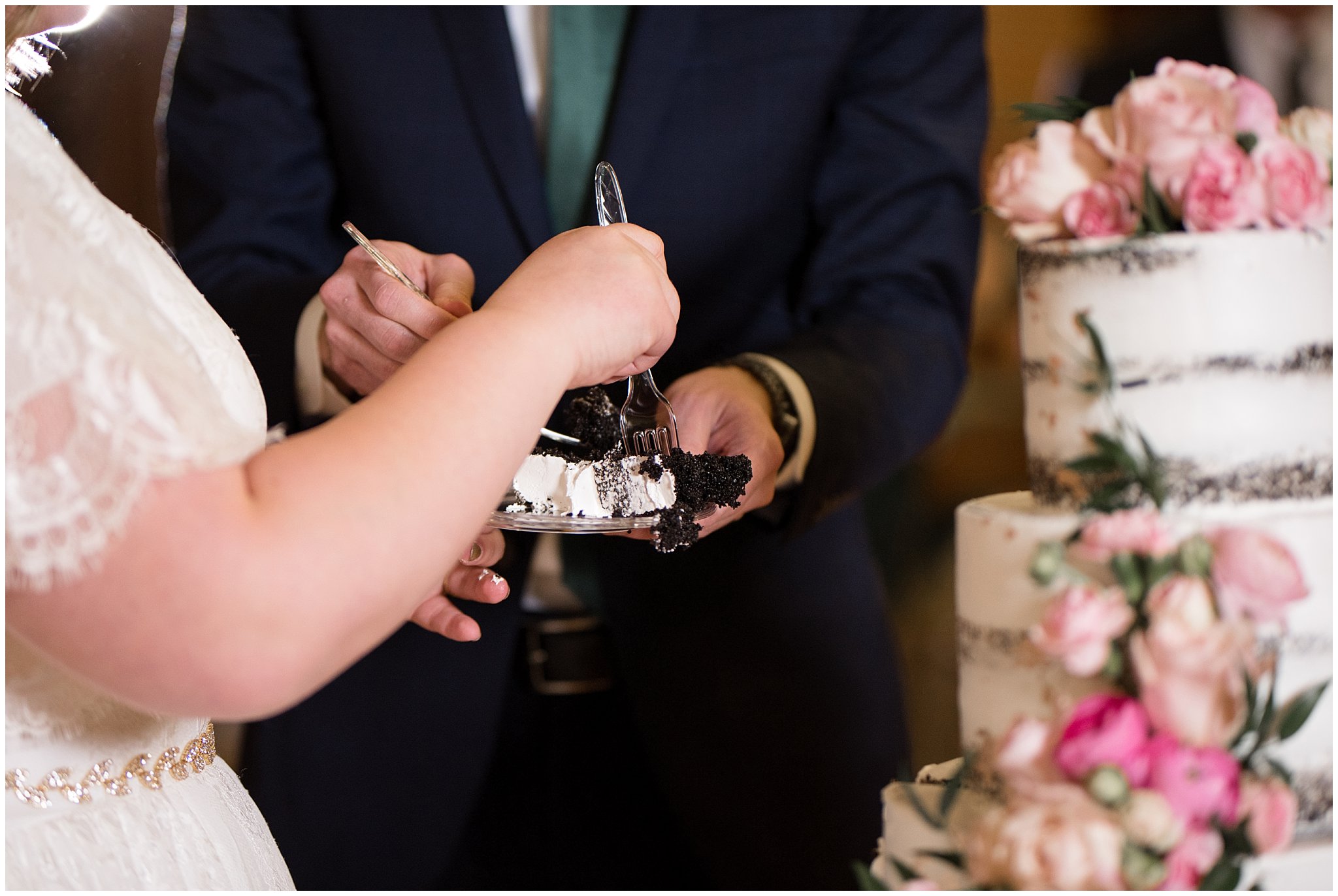 Bride and groom scooping up cake in forks | Ogden Temple Winter Wedding | Emerald Green and Pink Wedding | Jessie and Dallin Photography