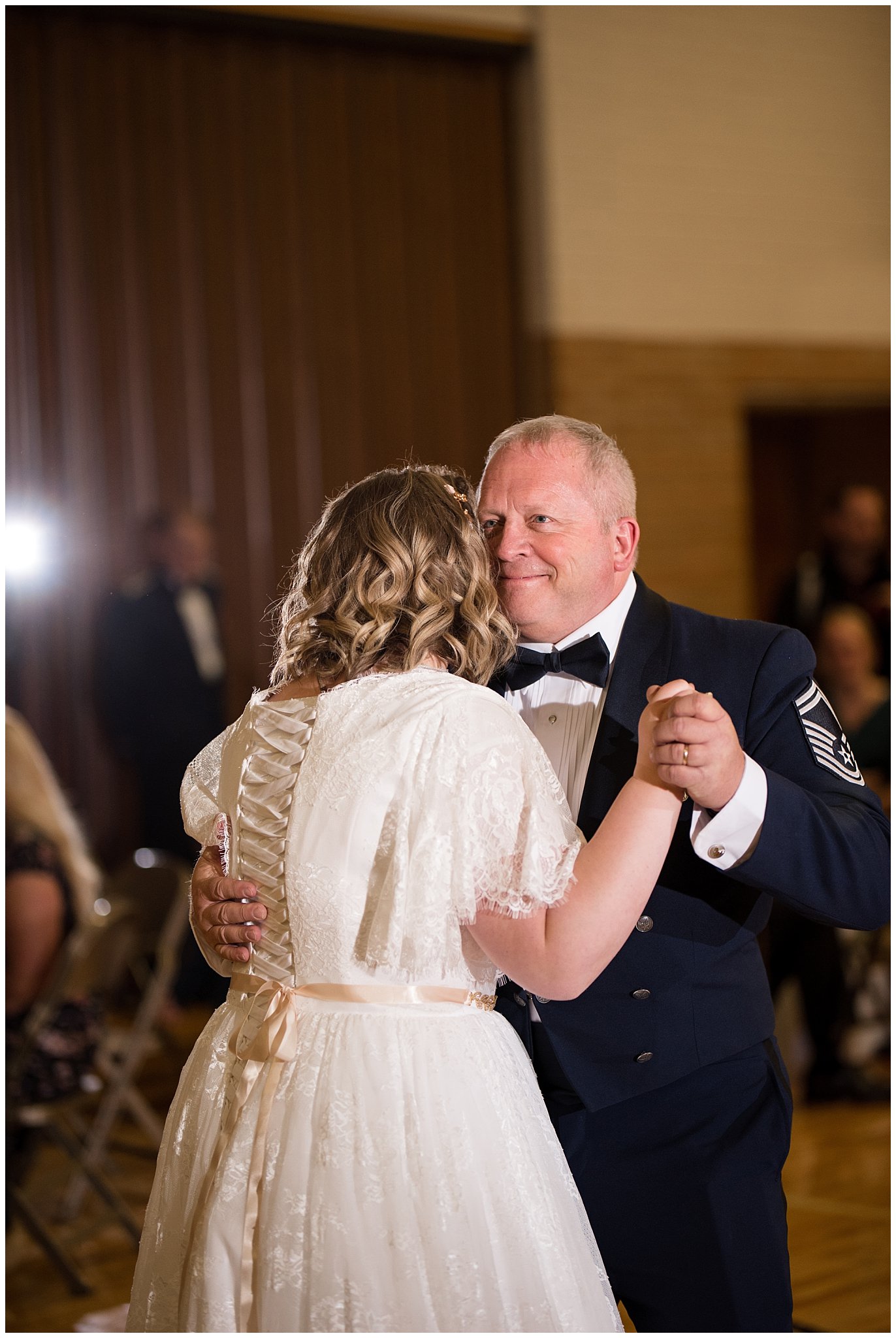 Daddy daughter dance with dad in air force dress| Ogden Temple Winter Wedding | Emerald Green and Pink Wedding | Jessie and Dallin Photography
