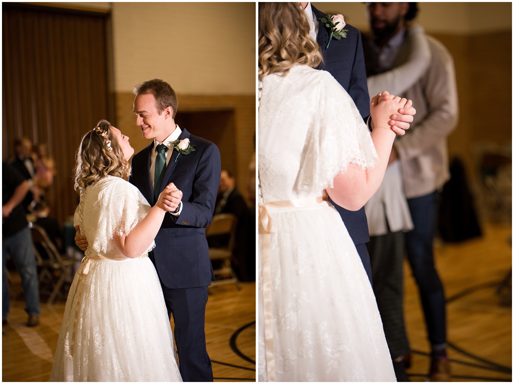 Bride and groom during first dance | Ogden Temple Winter Wedding | Emerald Green and Pink Wedding | Jessie and Dallin Photography