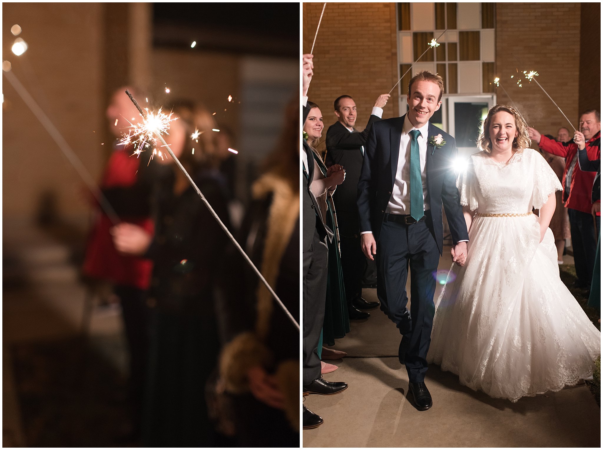 Bride and groom sparkler exit to limo | Ogden Temple Winter Wedding | Emerald Green and Pink Wedding | Jessie and Dallin Photography