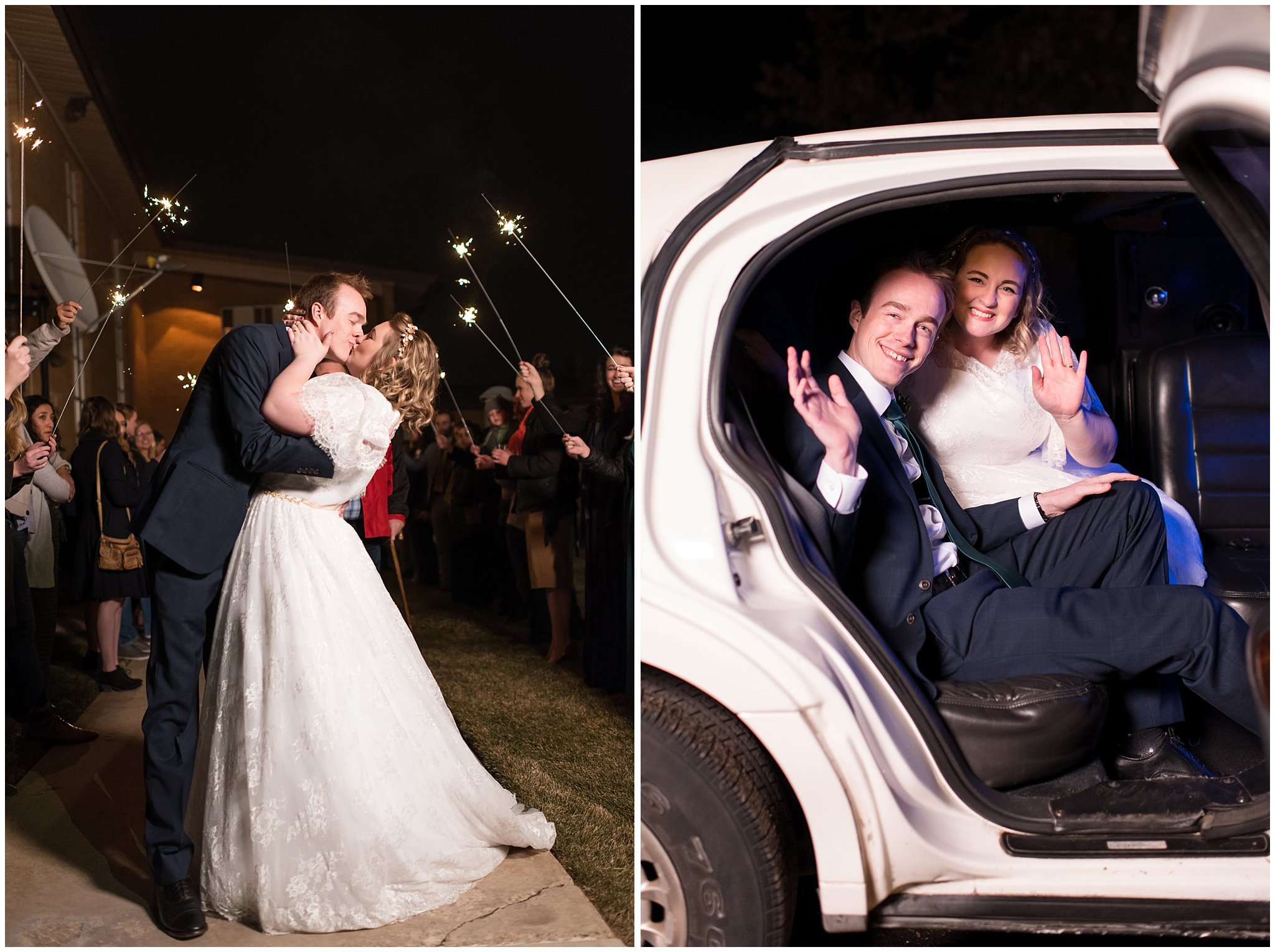 Bride and groom sparkler exit to limo | Ogden Temple Winter Wedding | Emerald Green and Pink Wedding | Jessie and Dallin Photography
