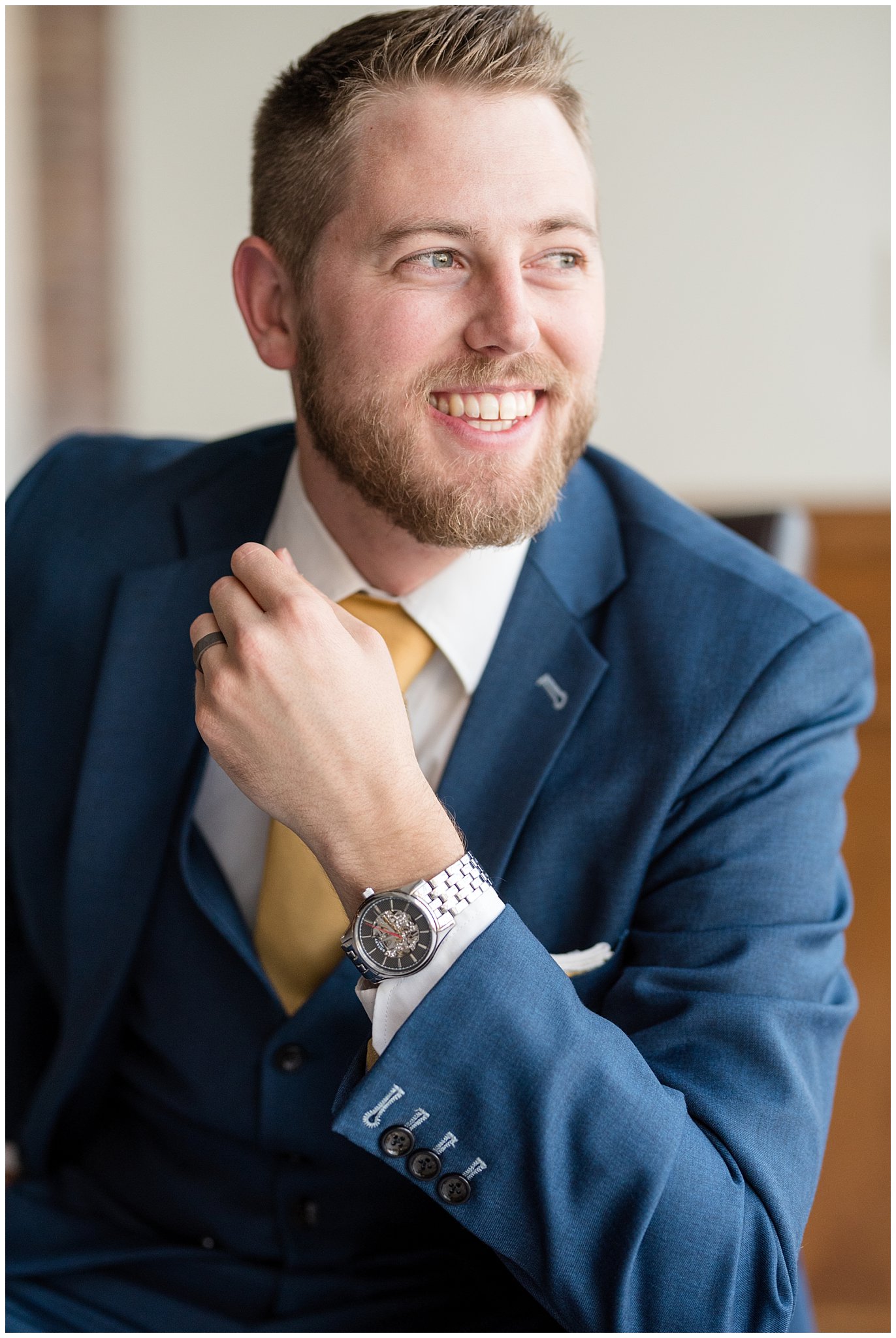 Talia Event Center | Groom looking shot | Jessie and Dallin Photography