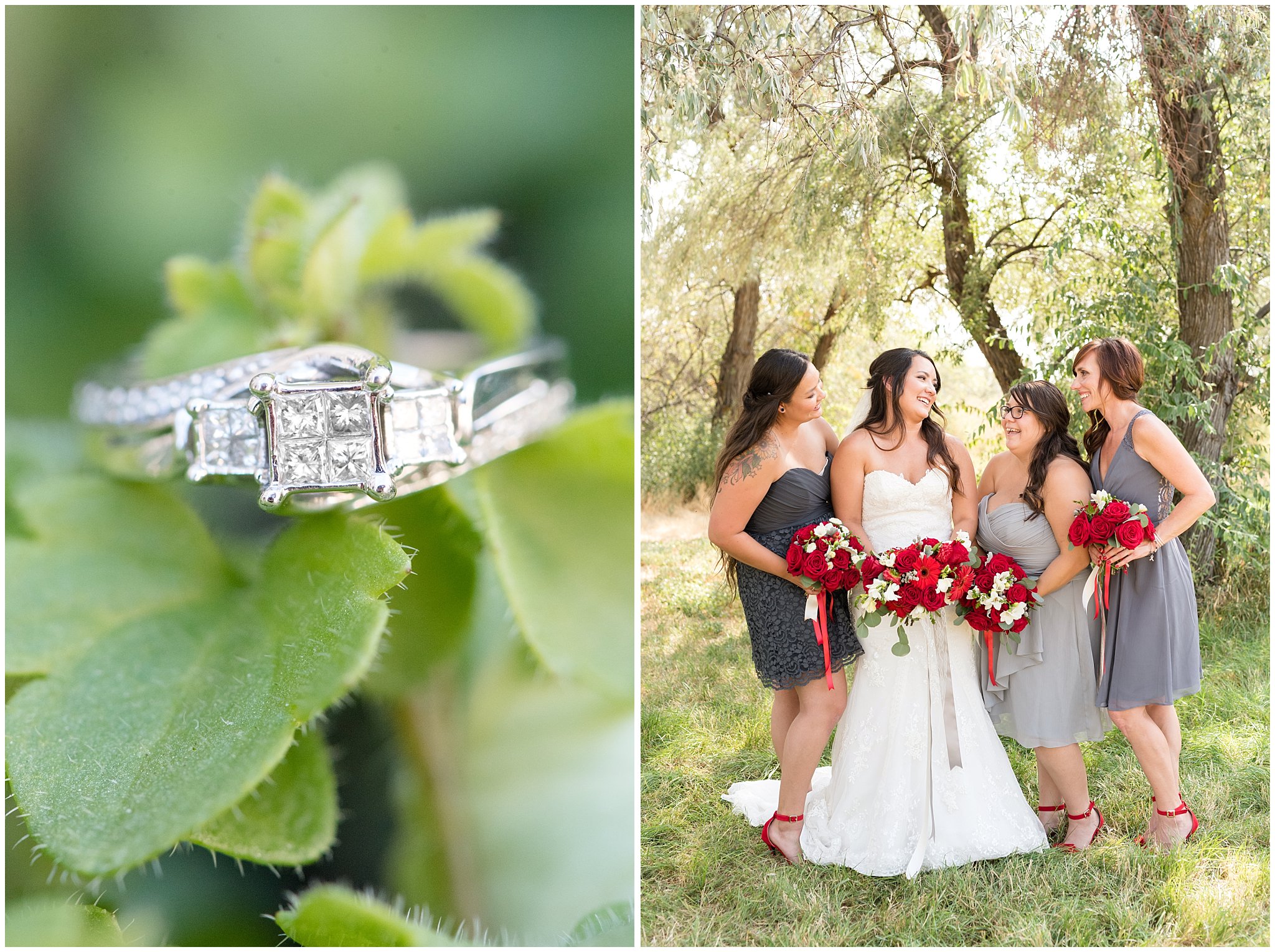 Davis County Utah Wedding | Bride and bridesmaids | engagement ring on green leaves | Jessie and Dallin Photography