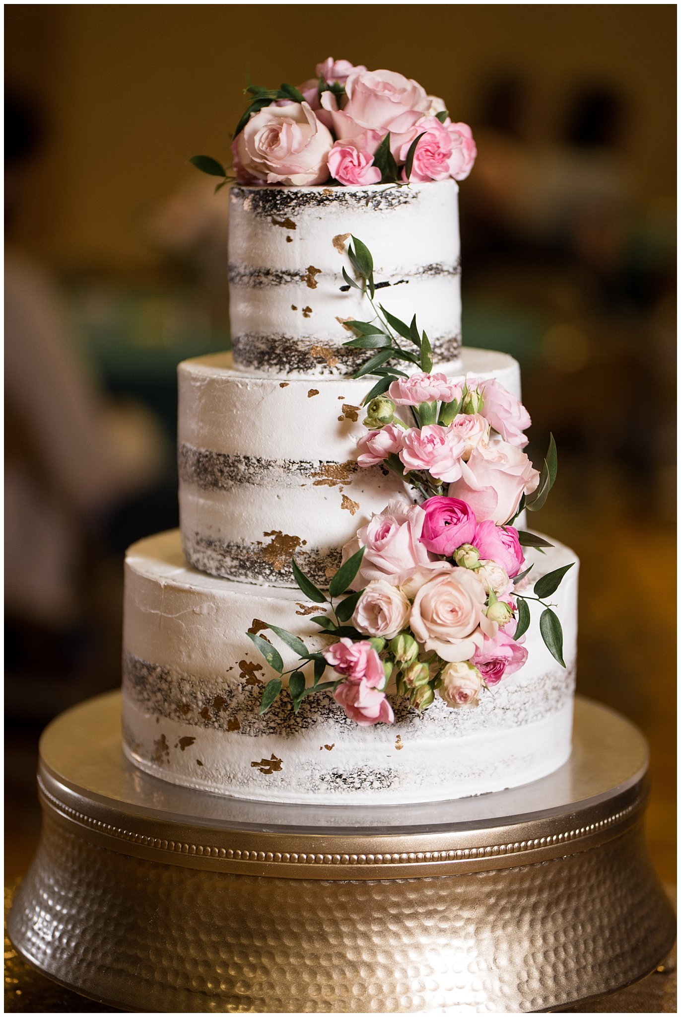 Ogden Utah Wedding | Cake by My Sweet Cakes with pink roses and gold flaking | Jessie and Dallin Photography