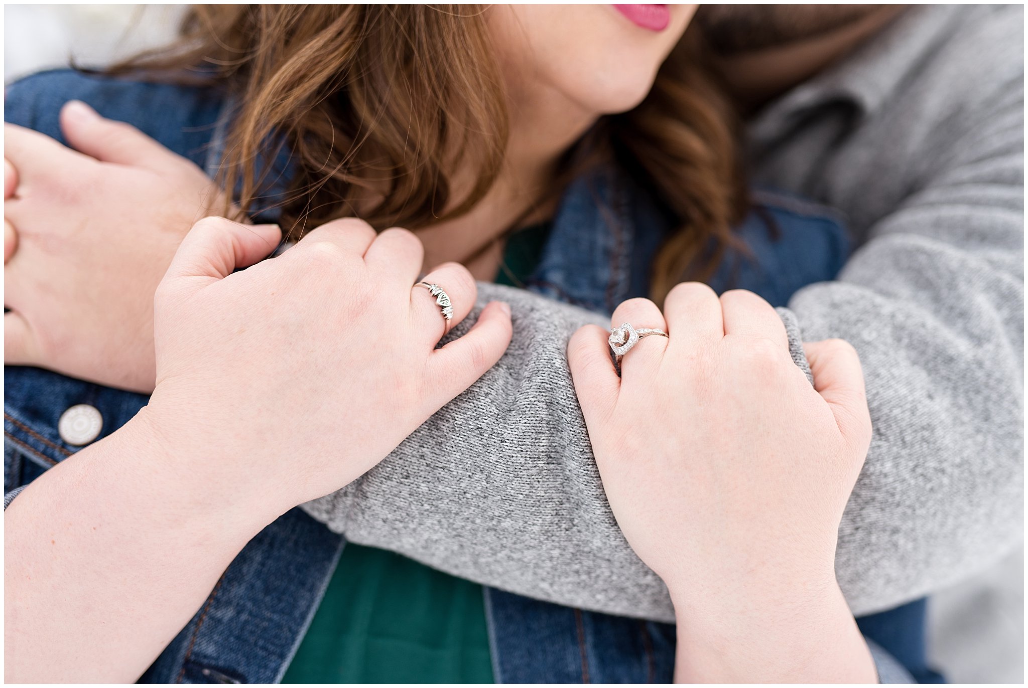 Detail of engagement ring and arms wrapped around each other |  Winter Engagement at Mueller Park and the Utah State Capitol | Jessie and Dallin Photography