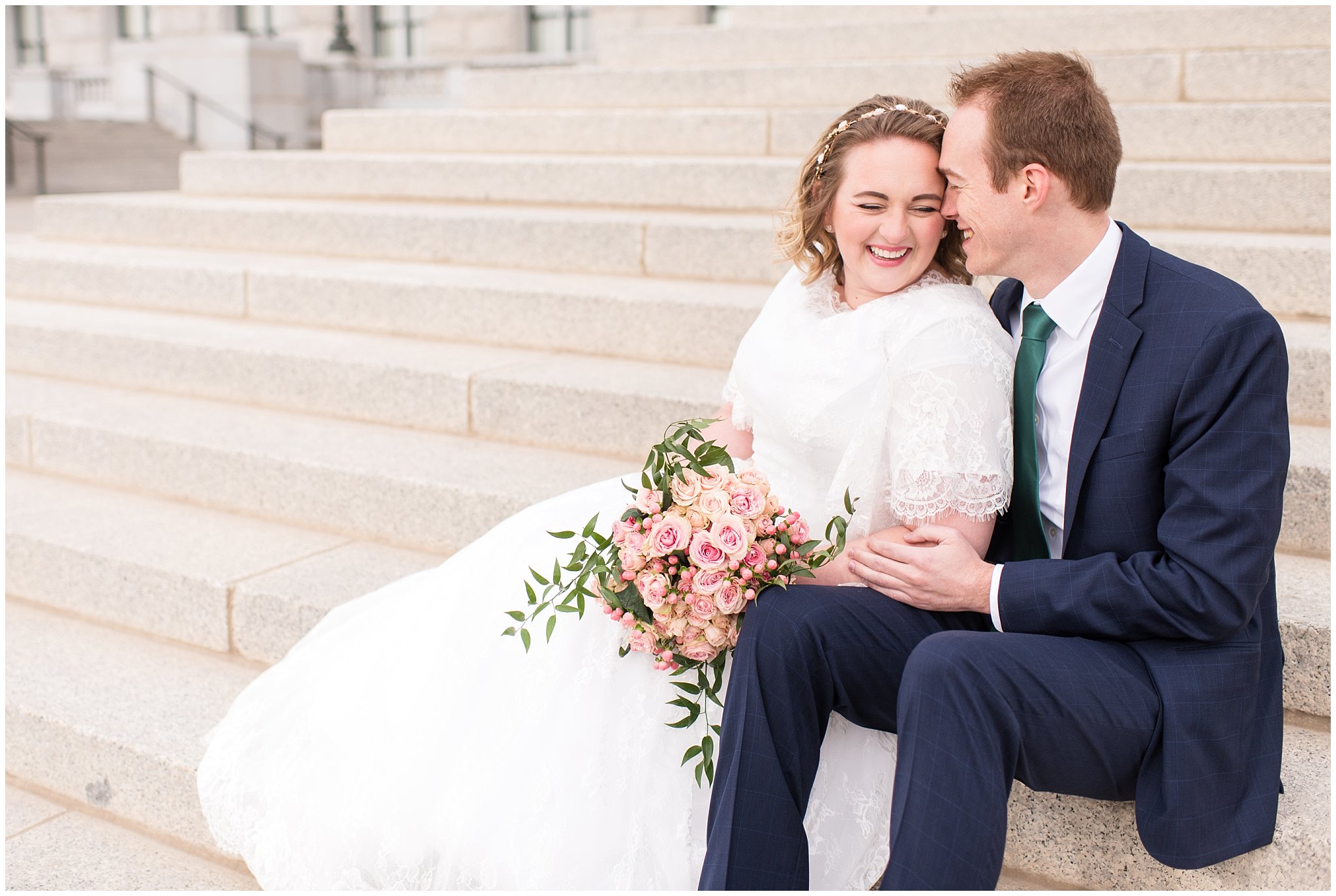 Bride and groom sitting and laughing on the stairs | Winter Formals at the Utah State Capitol | Utah Wedding Photography