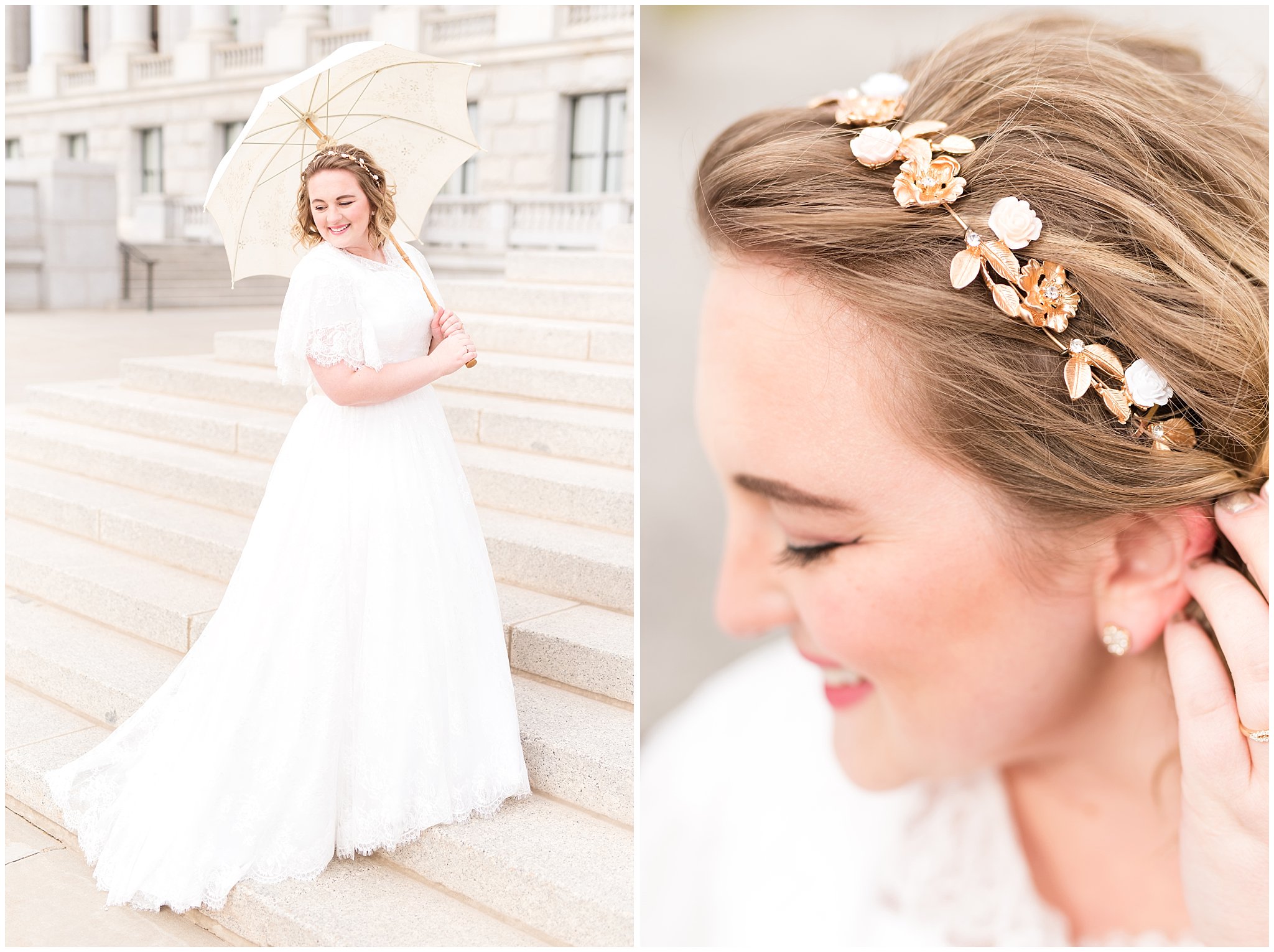 Bride holding parasol on steps of capitol | Winter Formals at the Utah State Capitol | Utah Wedding Photography