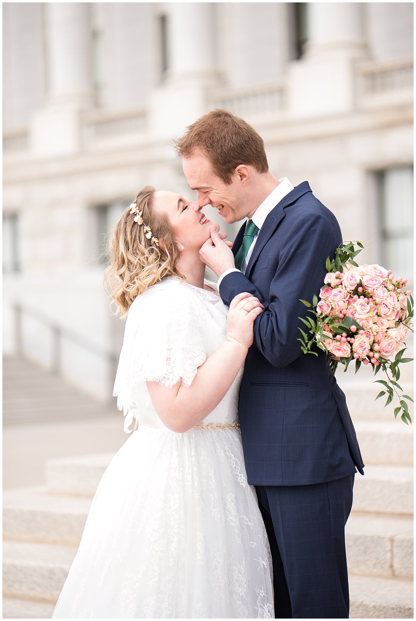 Bride and groom almost kissing in front of capitol building | Winter Formals at the Utah State Capitol | Utah Wedding Photography