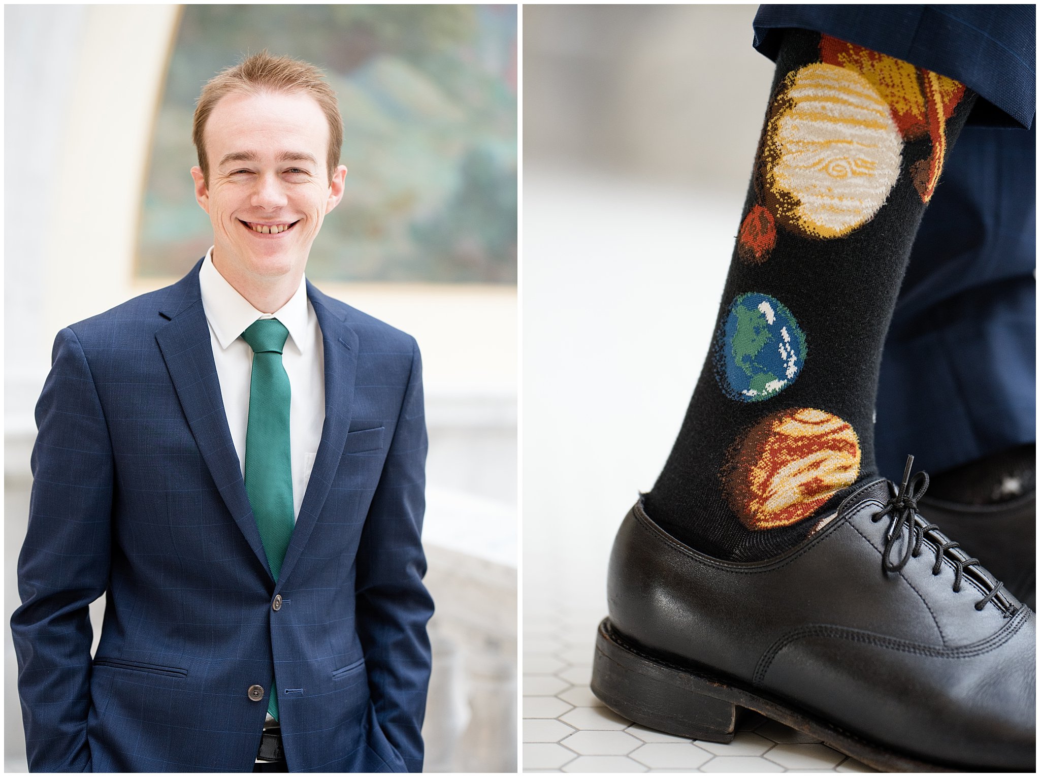 Groom smiling and planet socks | Winter Formals at the Utah State Capitol | Utah Wedding Photography