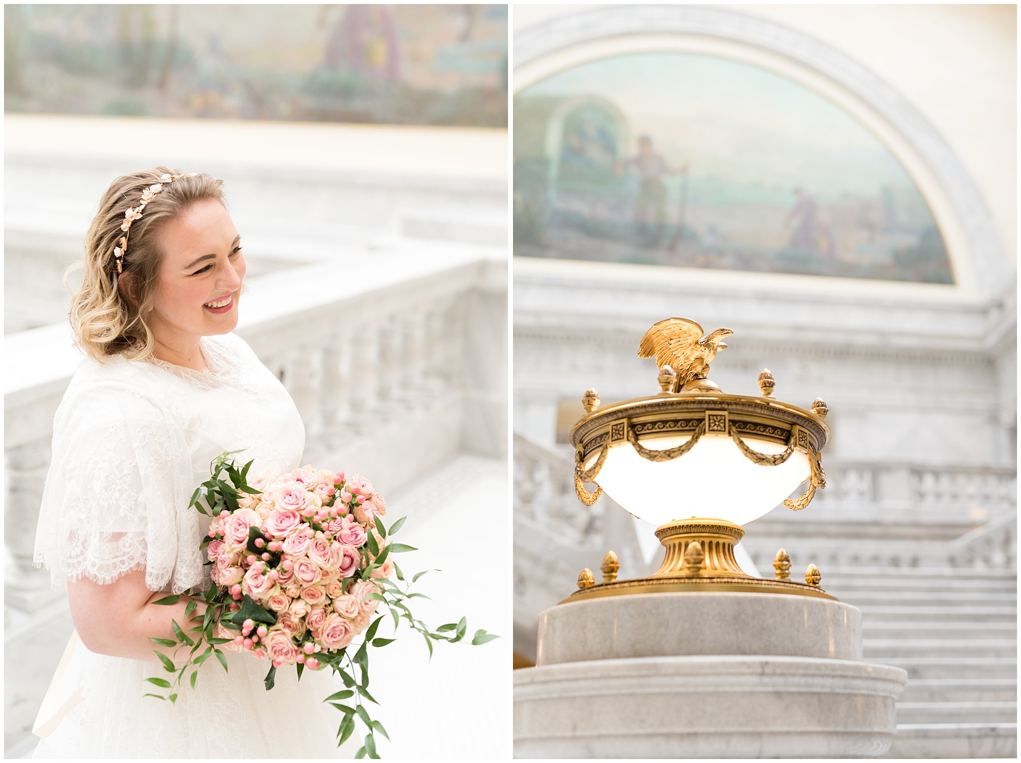 Bride and details of Utah state Capitol building | Winter Formals at the Utah State Capitol | Utah Wedding Photography