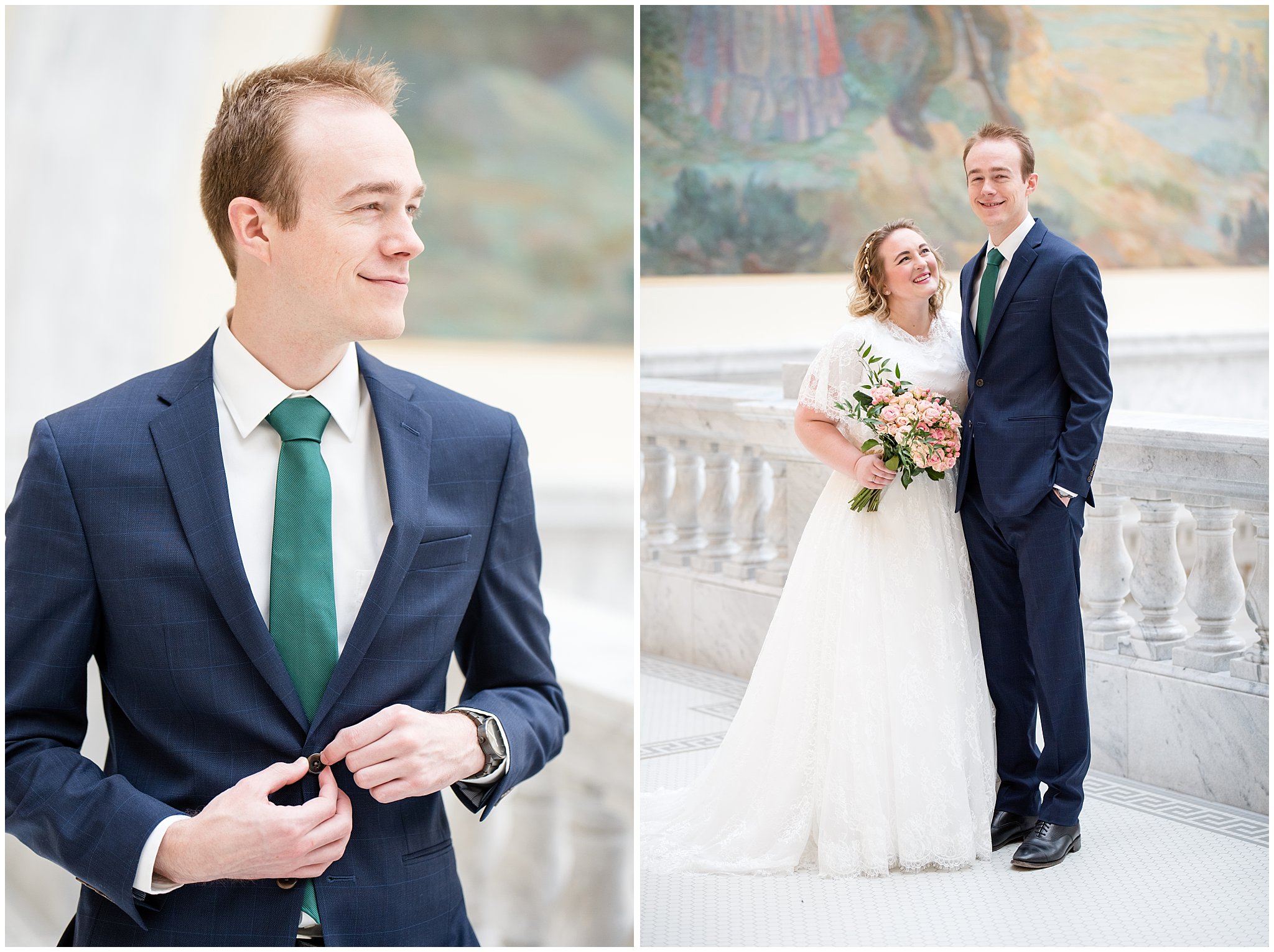 Groom buttoning suit and bride laughing at groom | Winter Formals at the Utah State Capitol | Utah Wedding Photography
