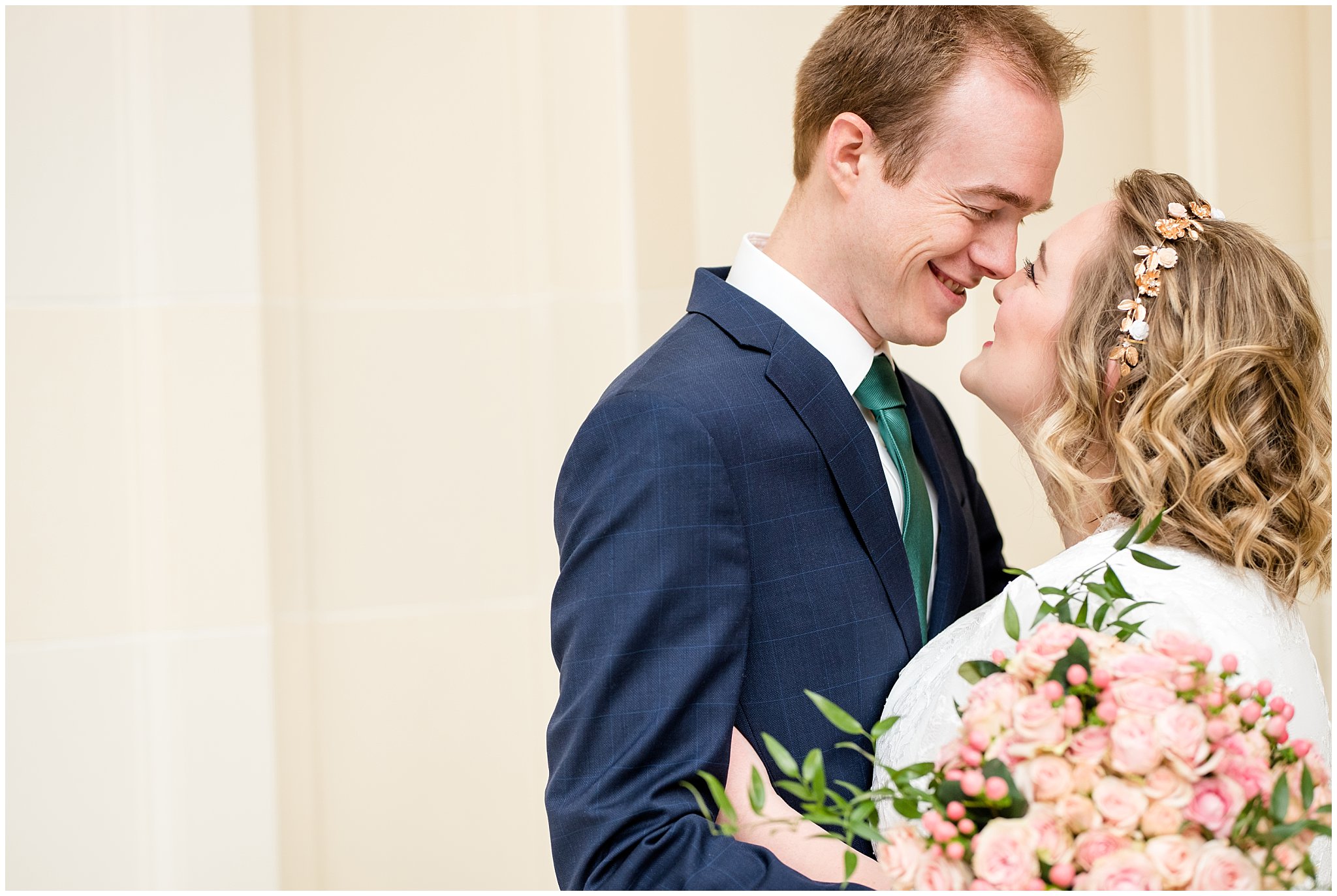 Bride and groom touching noses | Winter Formals at the Utah State Capitol | Utah Wedding Photography